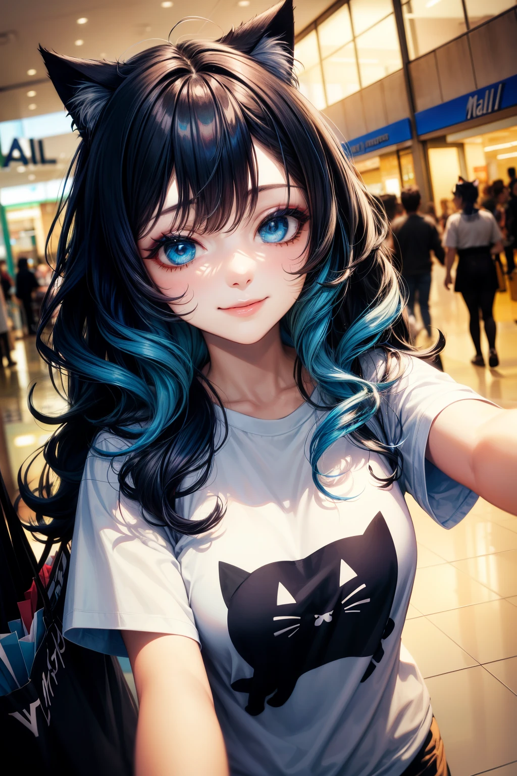 selfie, hair behind ear, makeup, dark blue hair, blue hair, black hair, blue and black gradient hair, messy hair, wavy hair, cat ears, long hair, blue eyes, mall, shopping centre, smile, breasts, tshirt