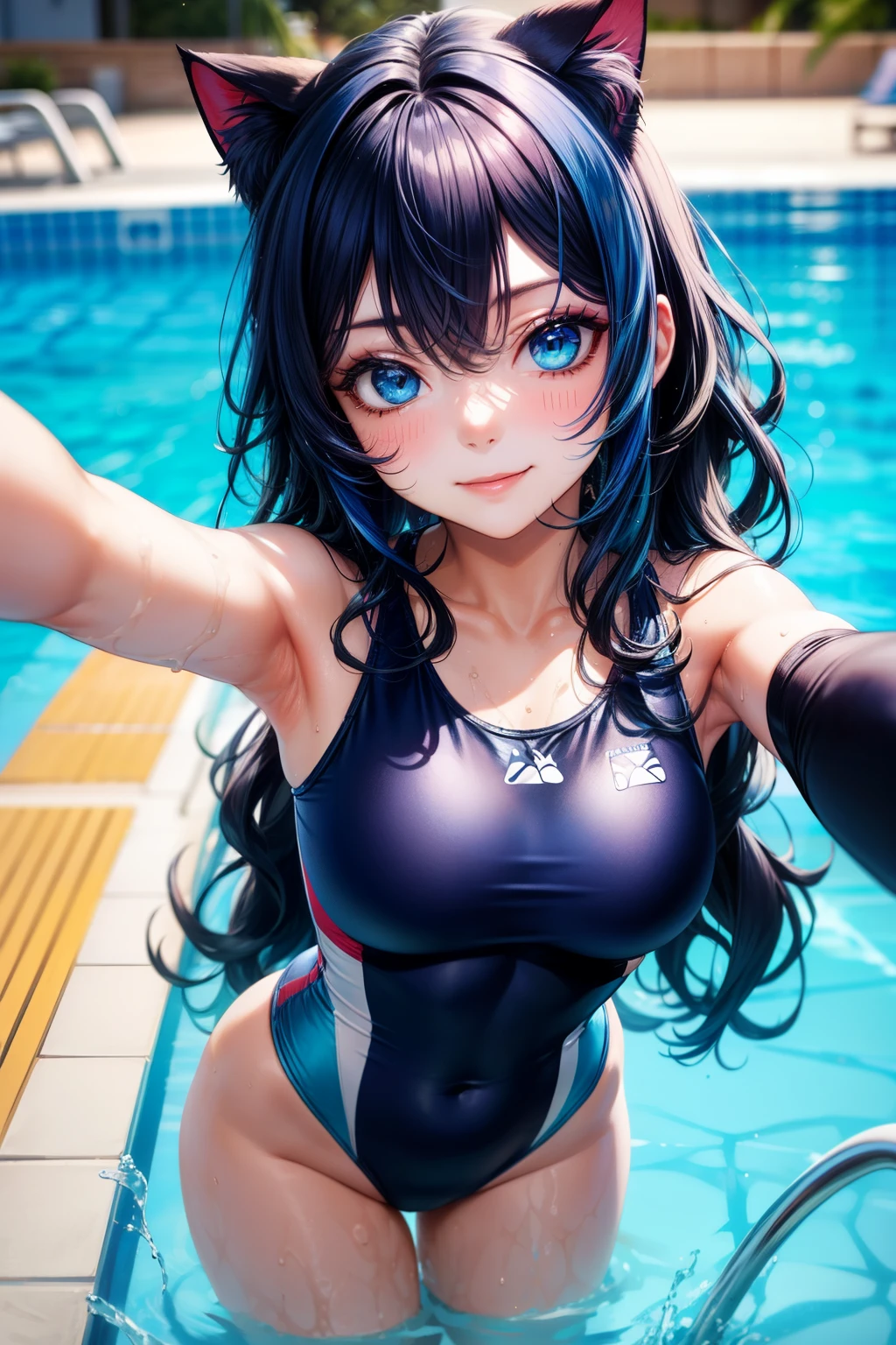 selfie, hair behind ear, makeup, dark blue hair, blue hair, black hair, blue and black gradient hair, messy hair, wavy hair, cat ears, long hair, blue eyes, smile, breasts, tshirt, black swimsuit, onepiece bathing suit, leotard, pool, water