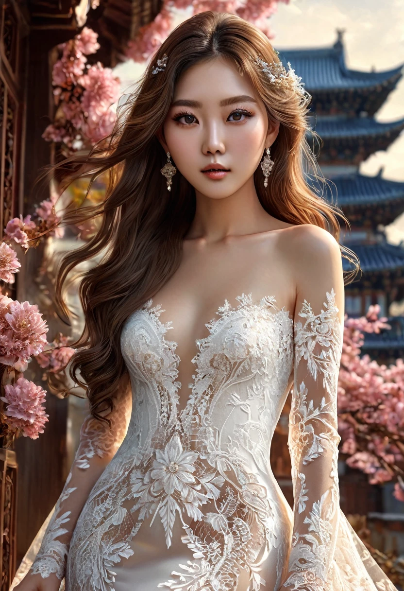 (((Tall Korean Woman, intense and deep pale skin, peau parfaite, en mouvement, marche, full body, cheveux blanc brillant, cheveux longs et droits, intelligente, long fine lace body dress, robe couleur rouge sang))), ((best quality, extremely detailed:1.8, hyperRéaliste:1.5, photorealistic:1.5, grande profondeur de champ, vue de face, very beautiful 35 year old woman, Prise de vue en direct, low-cut, fine lace body dress, full body and legs)), ((femme debout, she has a serious pose, very long hair, cheveux de couleur blanc, quelques mèches tressées, light strapless dress, dentelles fines et délicates, poitrine push-up)), ((detailed asian woman face looking at camera, electric clear white eyes, feline silhouette, cheveux long)), (photorealistic), sharp eyes, poitrine push-up, very thin waist, jambes longues, longues jambes, fine and detailed hands, detailed hairstyle, very long hair, femme charismatique, charisme, charismatique, sparkling eyes, dentelles fractal, ((cheveux blancs brillants, focale 50mm))