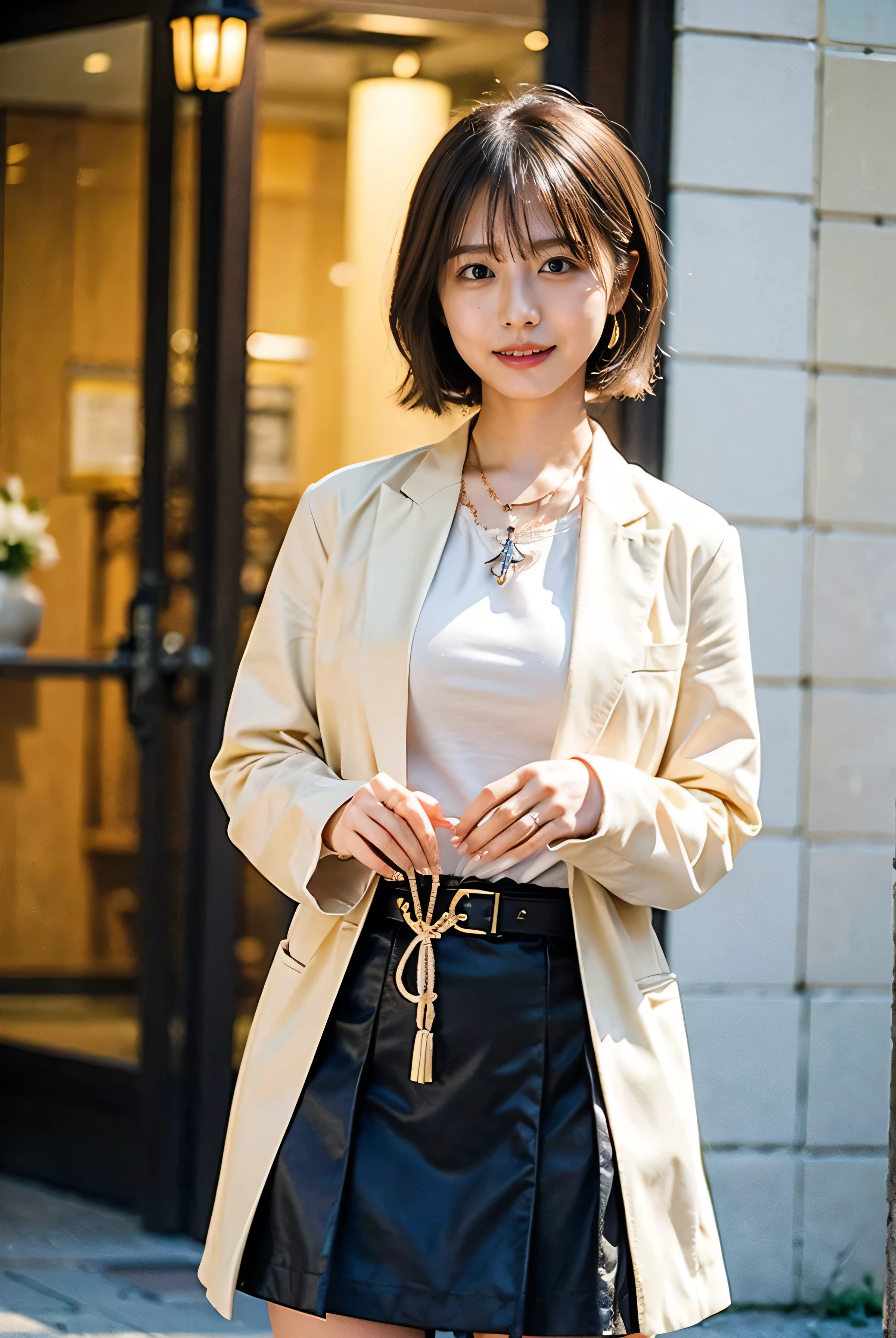((The background is an urban city、night、Neon Street、illumination、:1.4))、Big Tits、Luxurious leather belt、A luxurious and classy watch、Glossy clothes、Light beige hair collumination、Background Blur、Braid only the front hair、Light brown hair、Teeth grinding、{{Cowgirl Shot}}、((Close-up shot from the waist up、Big Breasts:1.4))、Breast swelling、Big Breasts、Smile、Silk clothing、Big Breasts that can be seen even through clothes、Braid only the front hair、Cowboy Shot、Gorgeous white collared silk shirt and brown skirt、Dress elegantly、Luxury Bags、Sex in a stylish love hotel with shining illumination、A lovely smile、((Nagoya street corner))、Full body photo、ring、High-end clothing products、Short skirt、Tuck your hair behind one ear、Silver Necklace、smile、 Elegant ponytail、Caustics、Highly detailed photos、Very beautiful and ideal short hair、Big Breasts、Super no makeup、(8k、RAW Photos、highest quality、masterpiece:1.2)、(Realistic、Realistic)、1 girl、((Medium Short Hair、Looking into the camera:1.4))、Hair blowing in the wind