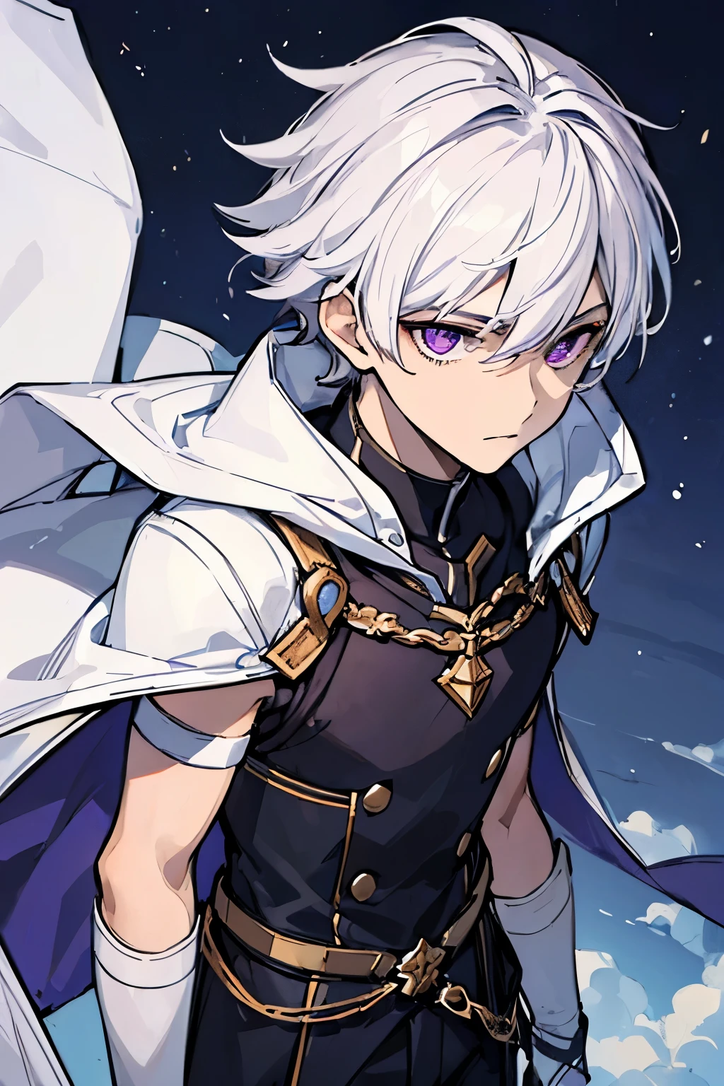 (((masterpiece))), ((best quality)), 1boy, male, close up, teenager, high schooler, ((looking away from camera)), (looking up to the sky), white armor, wearing white cloak, white hair, purple eyes, hopeful eyes, straight face, at rooftop, city view, clouds, night time, dark sky