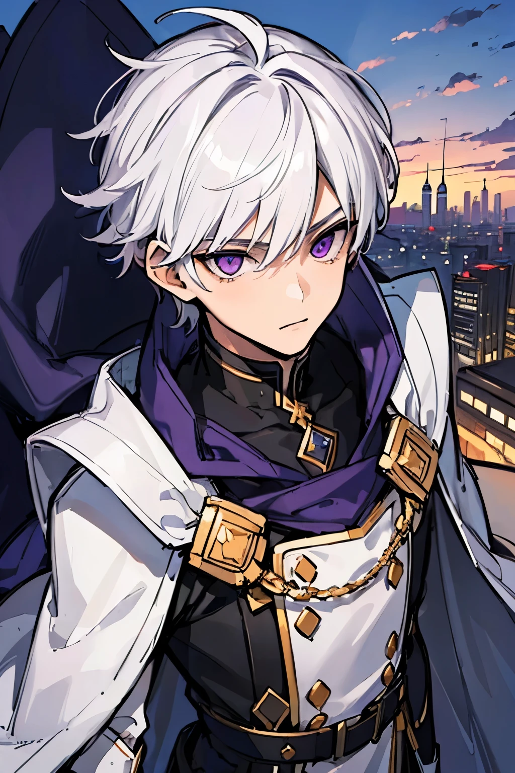 (((masterpiece))), ((best quality)), 1boy, male, close up, ager, high schooler, ((looking away from camera)), (looking up to the sky), white armor, wearing white cloak, white hair, purple eyes, hopeful eyes, straight face, at rooftop, city view, clouds, night time, dark sky