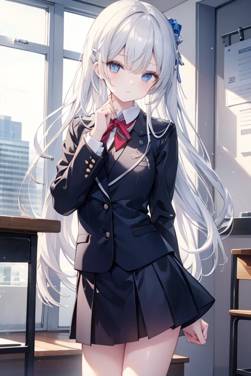 origamitobiichi, origami tobiichi, blue eyes, long hair, , white hair, hair clips, hair pins,
BREAK , white shirt, collared shirt, blazer, black blazer, long sleeves, skirt, blue skirt, kneehighs,
BREAK looking at viewer,
BREAK indoors, classroom,
BREAK (masterpiece:1.2), best quality, high resolution, unity 8k wallpaper, (illustration:0.8), (beautiful detailed eyes:1.6), extremely detailed face, perfect lighting, extremely detailed CG, (perfect hands, perfect anatomy),