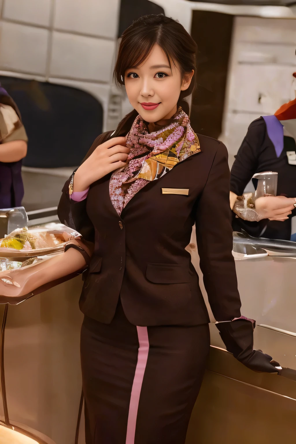 masterpiece:1.2、highest quality:1.2)、32K HDR、High resolution、(alone、1 girl、Slim figure)、Young Asian Woman、(Realistic style wearing ETIHAD Airways Cabincrew Uniform)、 (At the airport counter, Professional Lighting)、A proper woman, Beautiful Face,、(Long sleeve ETIHAD Airways Cabincrew Uniform)、(ETIHAD Airways Cabincrew Uniform skirt with purple stripe on the front)、(Scarf around the neck)、Big Breasts、(Long hair updo、Chignon)、Dark brown hair、Long Shot、((Fine hand:2.0))、((Harmonious body proportions:1.5))、((Normal limbs:2.0))、((Normal finger:2.0))、((Delicate eyes:2.0))、((Normal eyes:2.0)))、Beautiful standing posture、smile