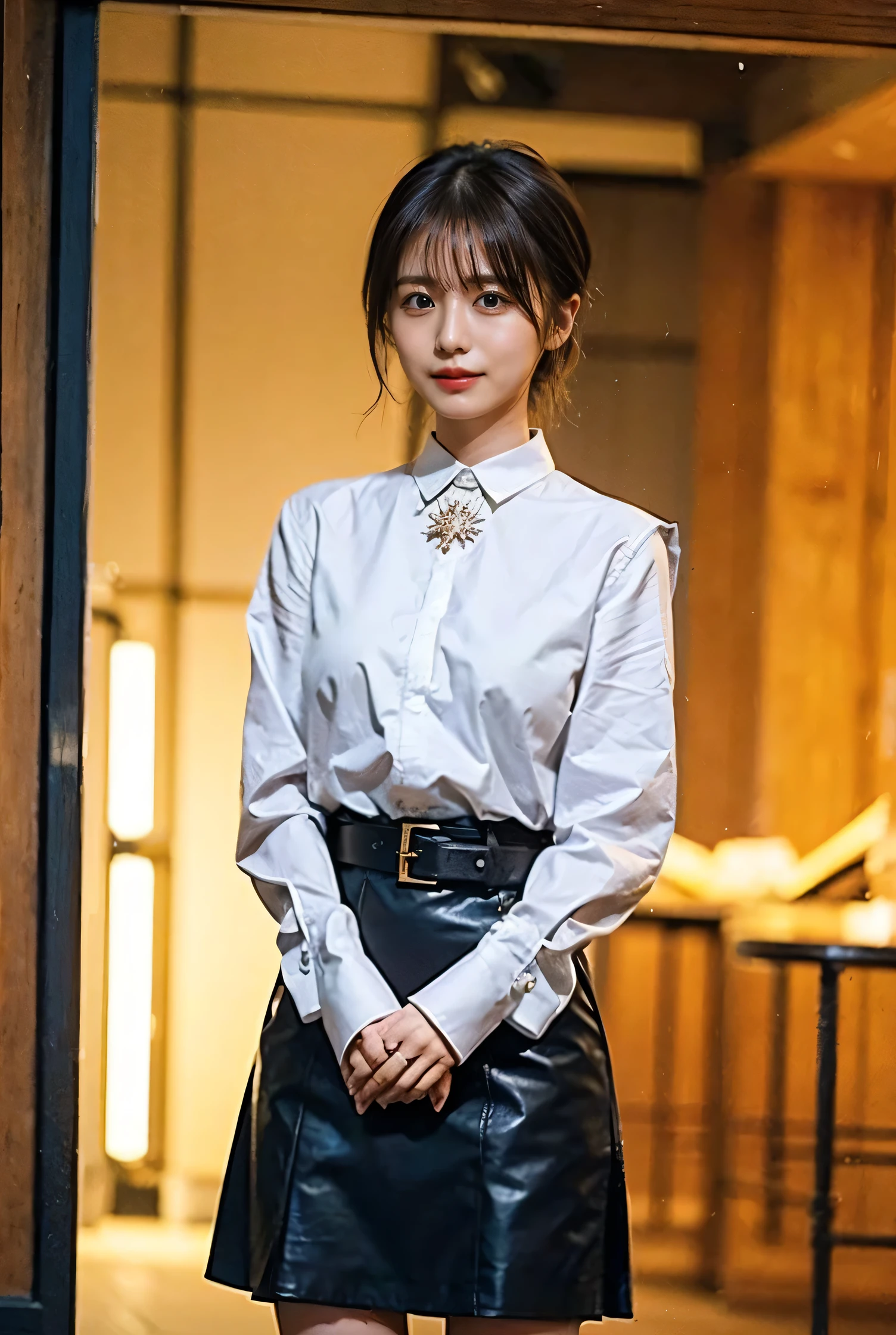 ((The background is an urban city、night、Neon Street、illumination、:1.4))、Big Tits、Luxurious leather belt、A luxurious and classy watch、Glossy clothes、Light beige hair collumination、Background Blur、Braid only the front hair、Light brown hair、Teeth grinding、{{Cowgirl Shot}}、((Close-up shot from the waist up、Big Breasts:1.4))、Breast swelling、Big Breasts、Smile、Silk clothing、Big Breasts that can be seen even through clothes、Braid only the front hair、Cowboy Shot、Gorgeous white collared silk shirt and brown skirt、Dress elegantly、Luxury Bags、Sex in a stylish love hotel with shining illumination、A lovely smile、((Nagoya street corner))、Full body photo、ring、High-end clothing products、Short skirt、Tuck your hair behind one ear、Silver Necklace、smile、 Elegant ponytail、Caustics、Highly detailed photos、Very beautiful and ideal short hair、Big Breasts、Super no makeup、(8k、RAW Photos、highest quality、masterpiece:1.2)、(Realistic、Realistic)、1 girl、((Medium Short Hair、Looking into the camera:1.4))、Hair blowing in the wind