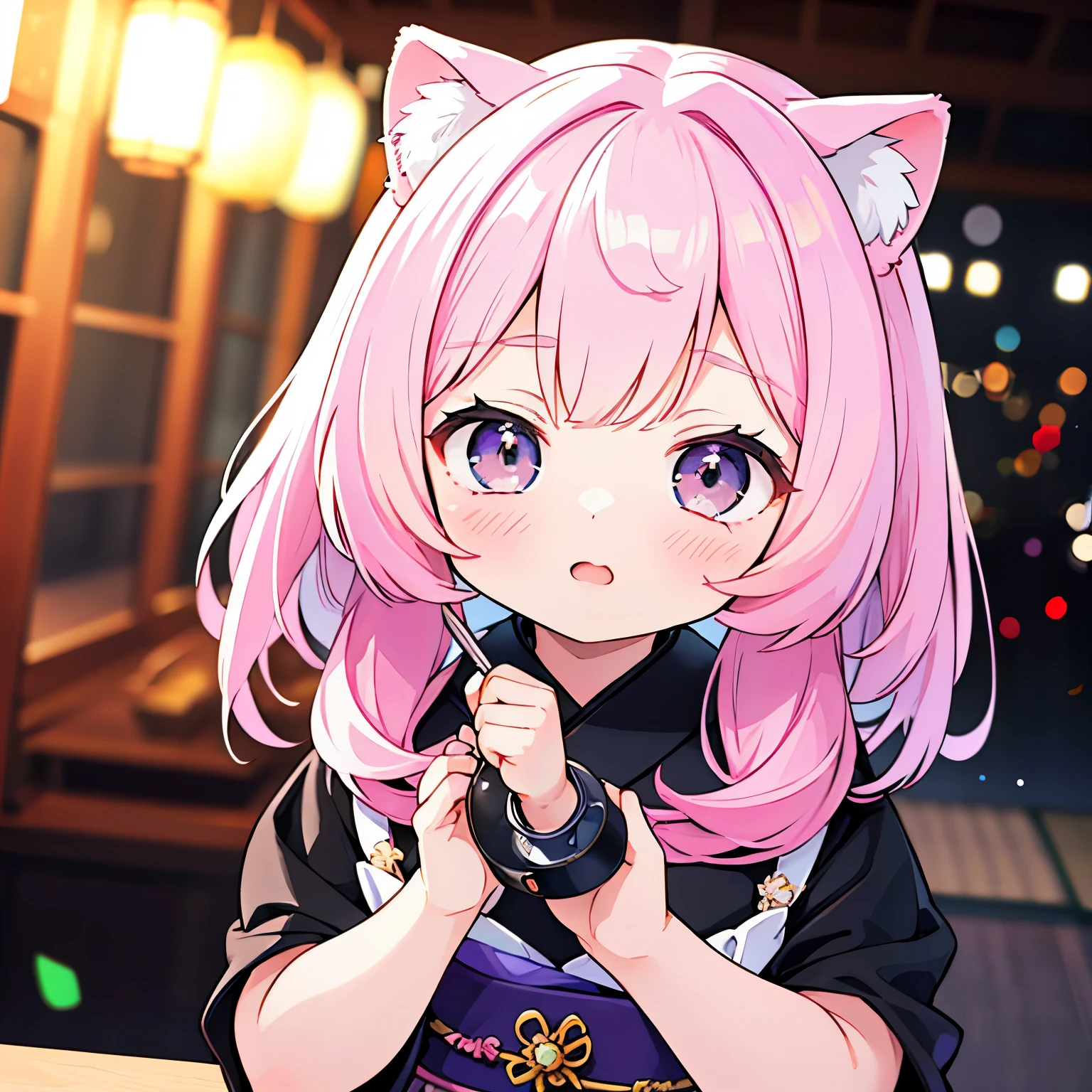 a Lovely Japanese cartoons girl with pink hair, black eyes, Height 150cm, white cat ears, Catwoman, Lolita style, (best quality,4k,8K,High resolution,masterpiece:1.2),Extremely detailed,(Practical,photoPractical,photo-Practical:1.37),HDR,Ultra HD,Studio Lighting,Super Fine,Clear focus,Physically Based Rendering,Extremely detailed的描述,professional,Bright colors,Bokeh,portrait,Japanese cartoons,Lovely,Kawaii,fantasy,magic,cute,elegant,beautiful,charming