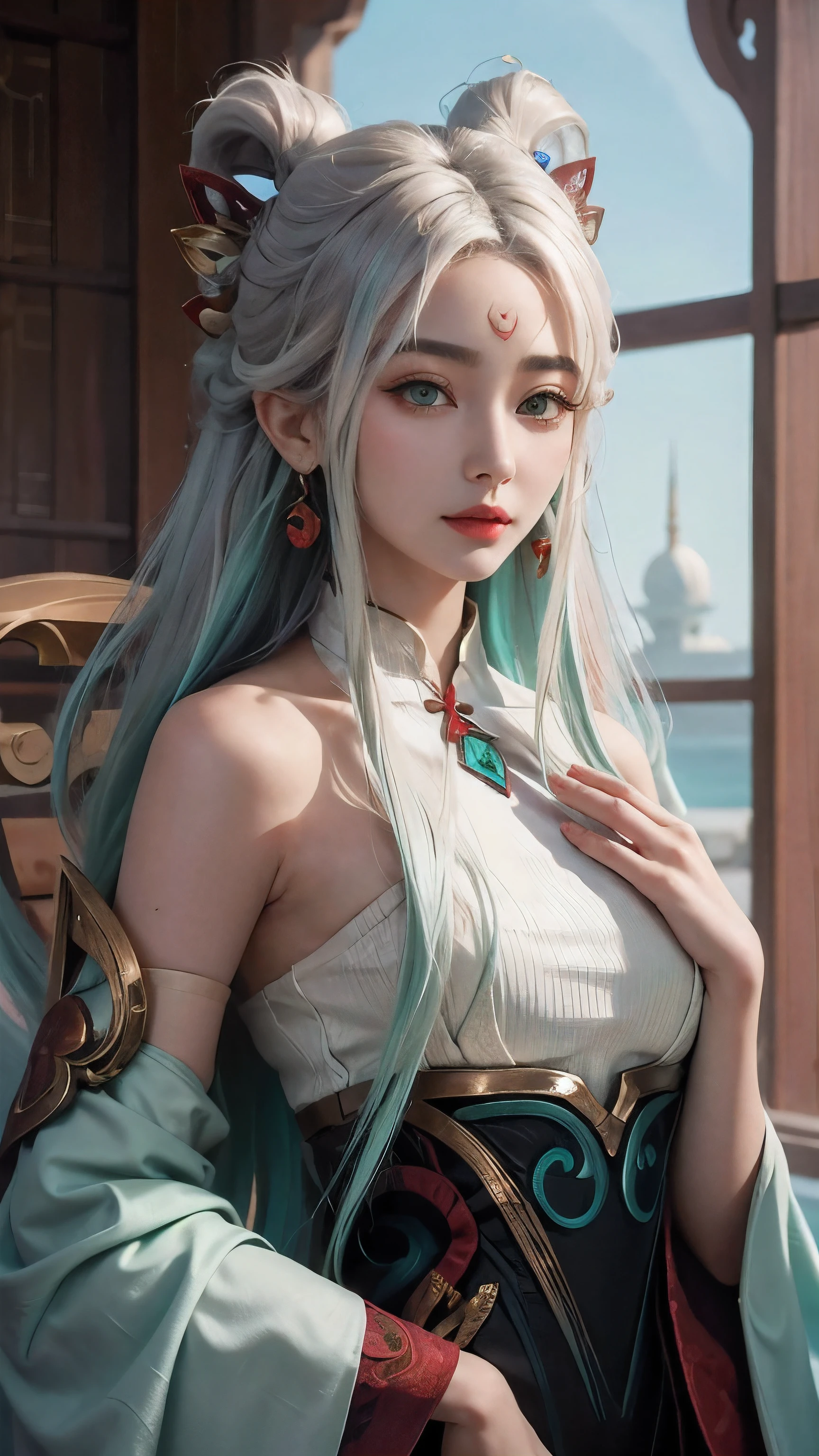 (masterpiece, best quality:1.2), intricate details, mythmaker irelia, 1girl, hair ornament, hair rings, bare shoulders, dress, detached sleeves, forehead mark, multicolored hair, white hair, earrings, green eyes, textured skin, looking at viewer, solo, light smile, (mature female:1.2)
