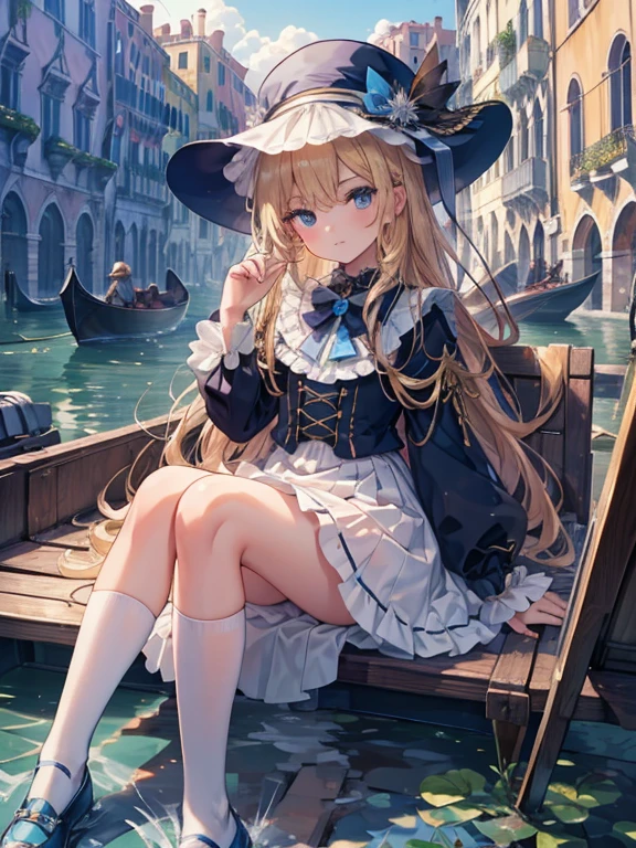 masterpiece, highest quality, Very detailed, 16k, Ultra-high resolution, 8-year-old girl, Detailed face, Perfect Fingers, blue eyes, Blonde, Long Hair, Wide-brimmed feathered hat, Gorgeous white blouse, Luxurious brooches, flare skirt, White High Knee Socks, Enamel shoes, SZ_4po enviroment, Venice cityscape, Waterway, gondola, Waterwayを歩く