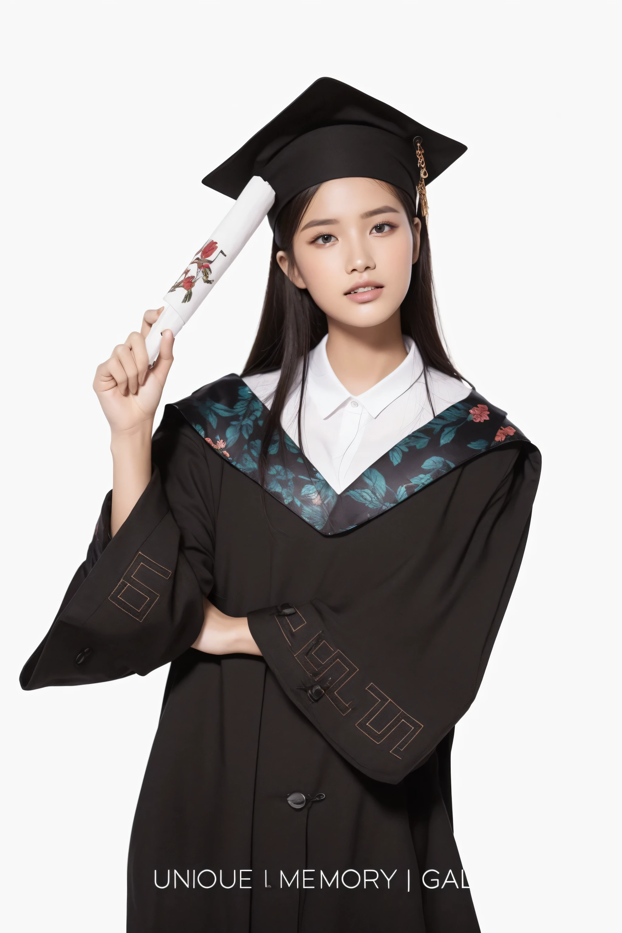 A model wearing a bachelor&#39;s gown，Wearing a hat on the head，Beautiful red lips，Beauty