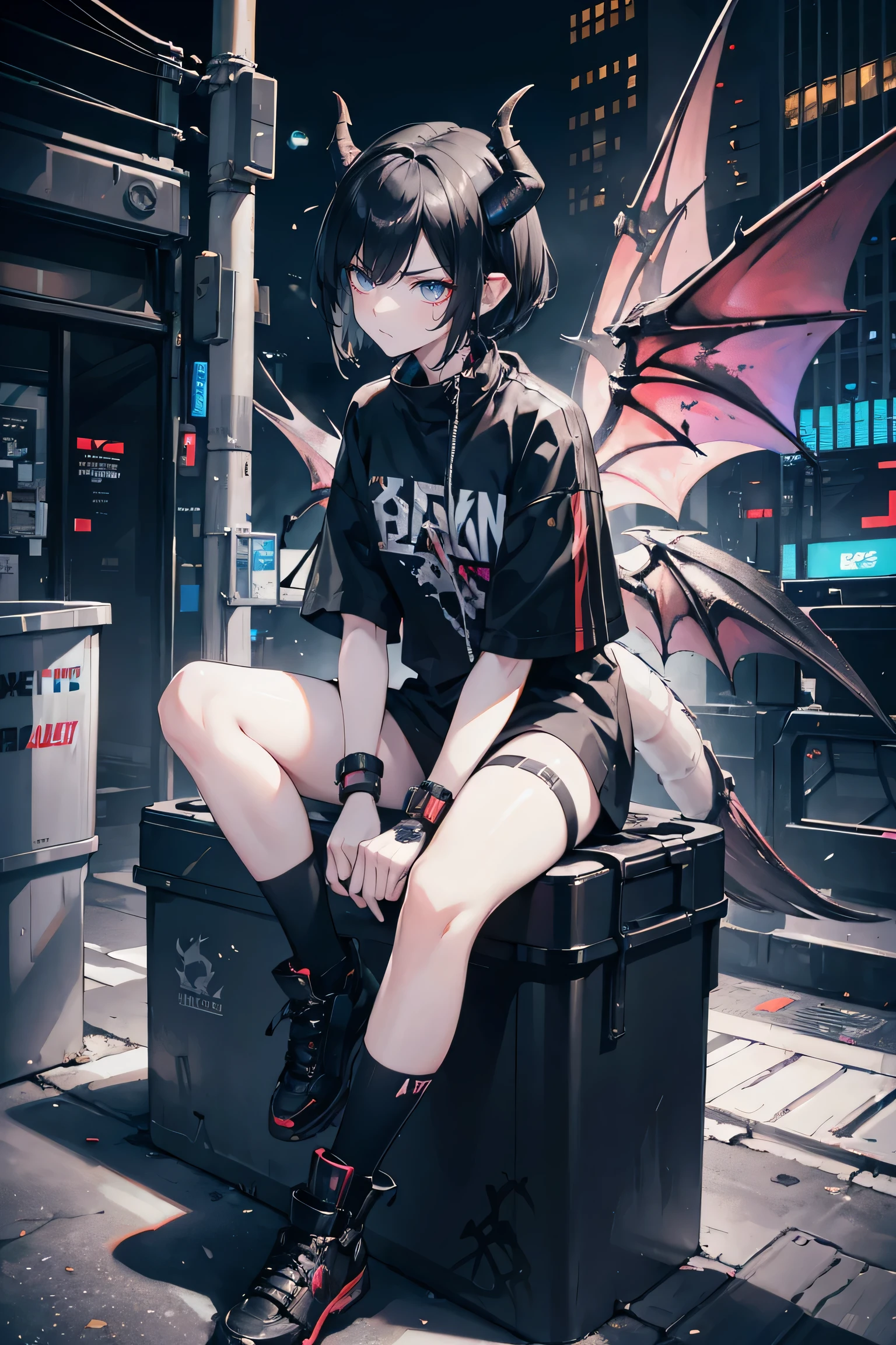 Cyberpunk, graffiti background, sitting on trash can, looking down, short black hair, cyberpunk outfit, horns, dragon tail and wings, detailed face, annoyed expression, front view, low perspective, trash can, graffiti