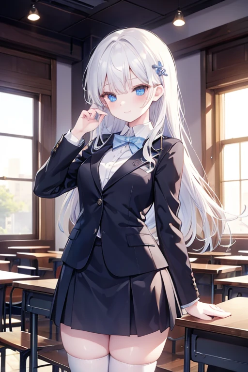 origamitobiichi, origami tobiichi, blue eyes, long hair, , white hair, hair clips, hair pins,
BREAK , white shirt, collared shirt, blazer, black blazer, long sleeves, skirt, blue skirt, kneehighs,
BREAK looking at viewer,
BREAK indoors, classroom,
BREAK (masterpiece:1.2), best quality, high resolution, unity 8k wallpaper, (illustration:0.8), (beautiful detailed eyes:1.6), extremely detailed face, perfect lighting, extremely detailed CG, (perfect hands, perfect anatomy), smile