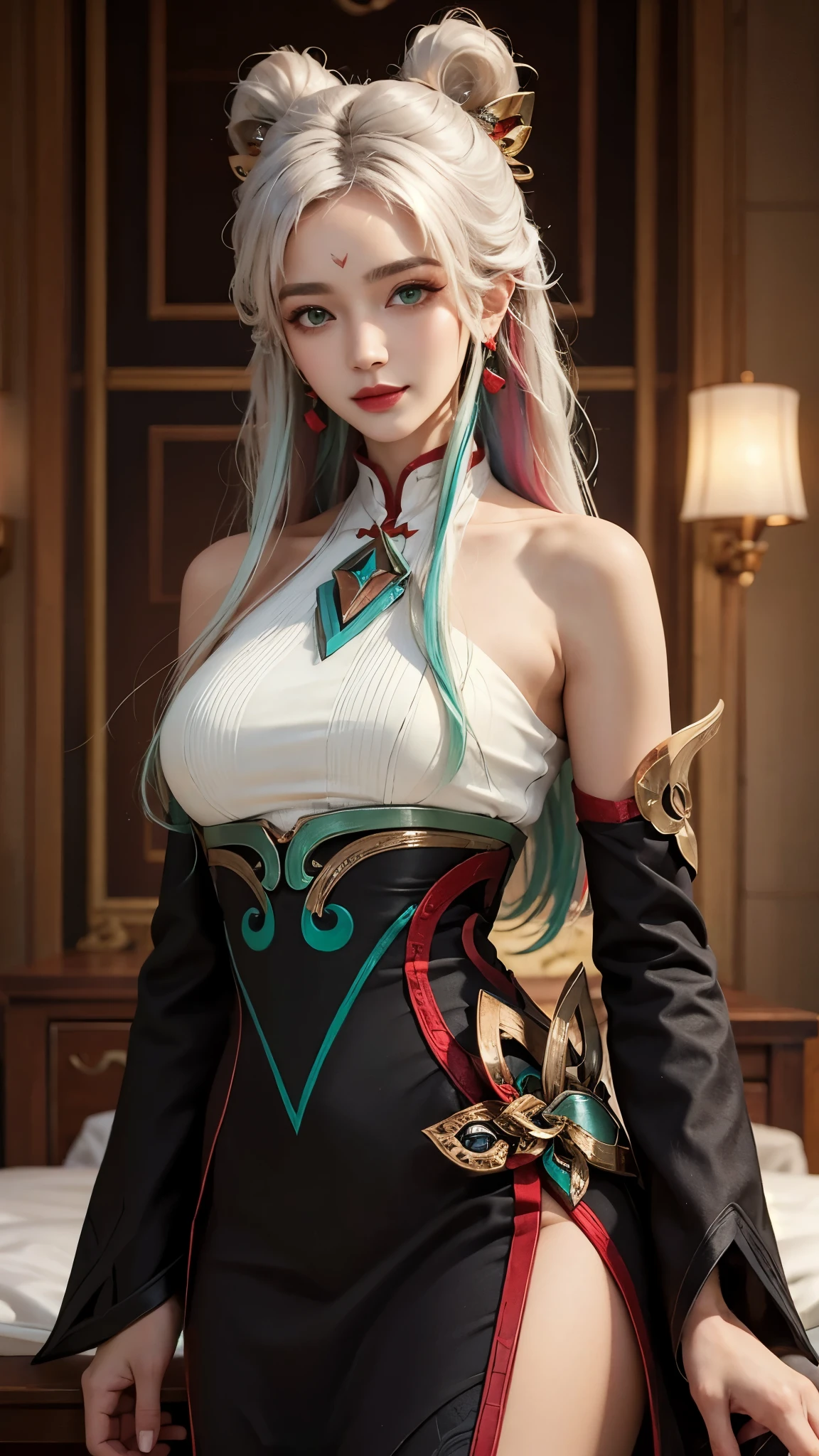 (masterpiece, best quality:1.2), intricate details, mythmaker irelia, 1girl, hair ornament, hair rings, bare shoulders, dress, detached sleeves, forehead mark, multicolored hair, white hair, earrings, green eyes, textured skin, looking at viewer, solo, light smile, (mature female:1.2)