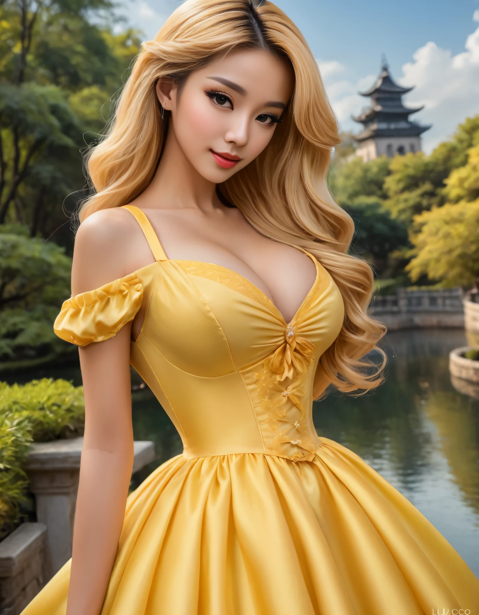 a woman in a yellow dress posing for a picture, a photorealistic painting by Lü Ji, trending on cg society, rococo, ig model | artgerm, anime barbie doll, ”beautiful anime woman