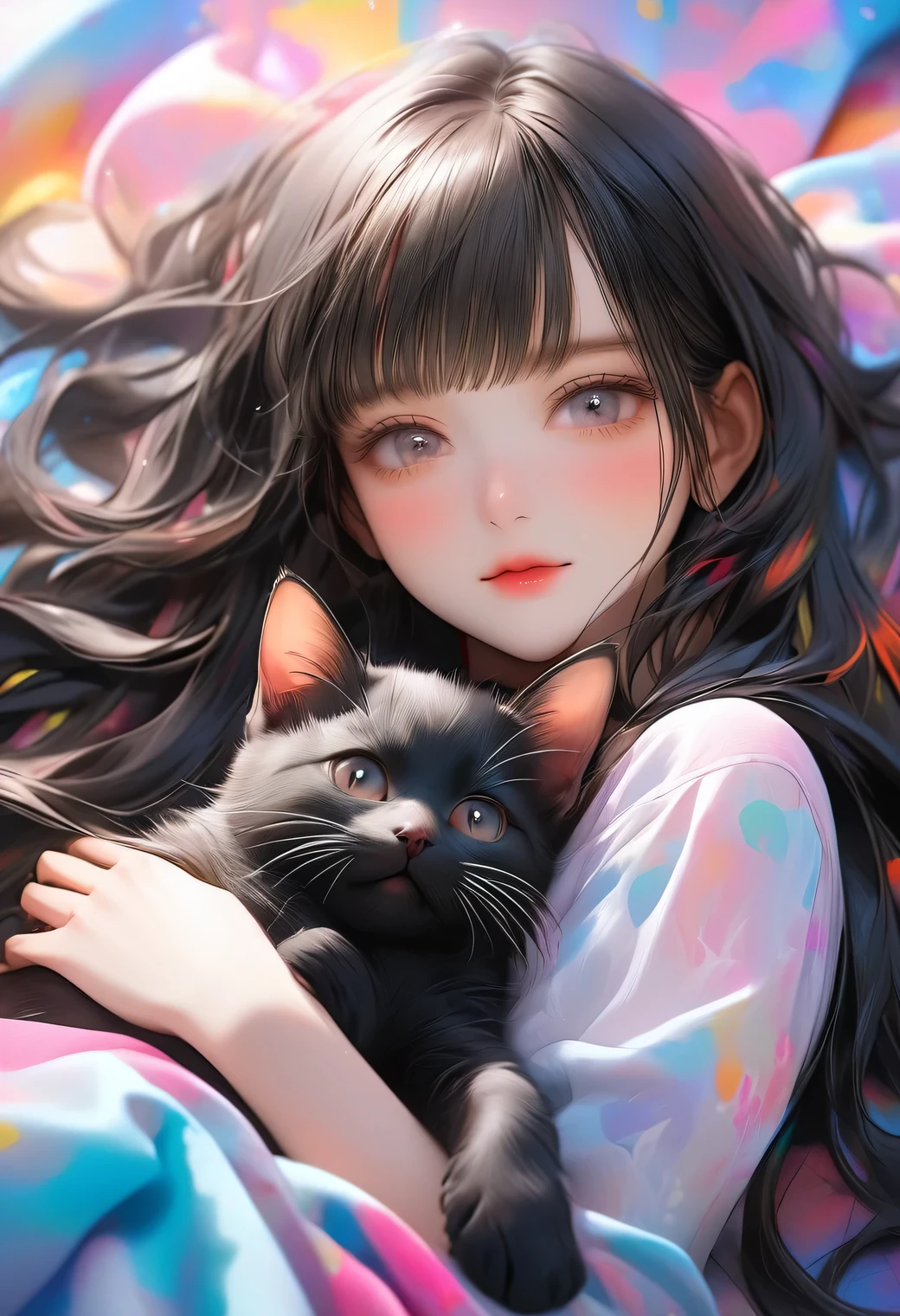 raw photo, cute girl, perfect beauty, flowy jet black long straight hair, blunt bangs, lying, holding kitten, vibrant colors, face up focus:1.2