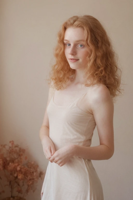 Irish), (swiss) and (Czech), 19 year old pale skin, voluminous strawberry blonde hair ,beauty, beautiful girl, thin, skinny, small breasts, beauty, beautiful girl, hard contrast, hard shadows, hard light, smirk, beautiful ,makeup, apartment, arm raised, floor, tshirt dress