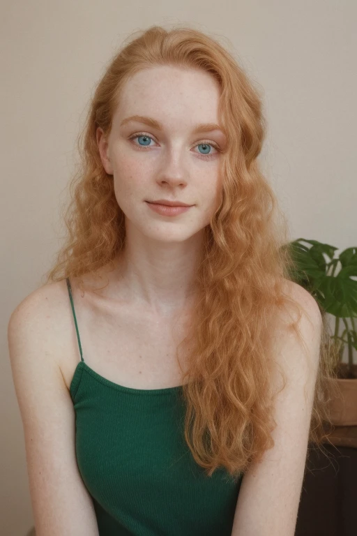 Irish), (swiss) and (Czech), 19 year old pale skin, voluminous strawberry blonde hair ,beauty, beautiful girl, thin, skinny, small breasts, beauty, beautiful girl, hard contrast, hard shadows, hard light, smirk, beautiful ,makeup, apartment, arm raised, floor, tshirt dress
