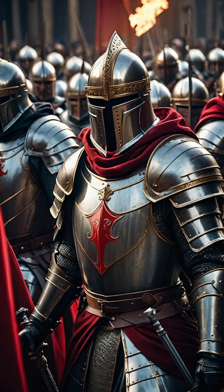 a group of knights donned in full armor and adorned with striking red capes finds themselves in the midst of a dramatic battle. Armed with powerful maschinengewehr weapons, these valiant templars face off against a horde of possessed politicians, locked in a fierce struggle for supremacy and control,
digital UHD (k) image, cinematic film still dramatic side lighting, dramatic intense stare closeup portrait, hdr, shallow depth of field, vignette, highly detailed, high budget Hollywood film, cinemascope, moody, epic, gorgeous
, Highly detailed and clean, Photorealistic and cinematic masterpiece, professional photography, realistic, realism, 200k , Raytracing and light effect , gold magic, gold efect, digital, perfect composition, beautiful detailed intricate insanely detailed octane render trending on artstation, 8 k artistic photography, photorealistic concept art, soft natural volumetric cinematic perfect light, award - winning photograph, masterpiece, raphael, caravaggio, greg rutkowski, beeple, beksinski, giger