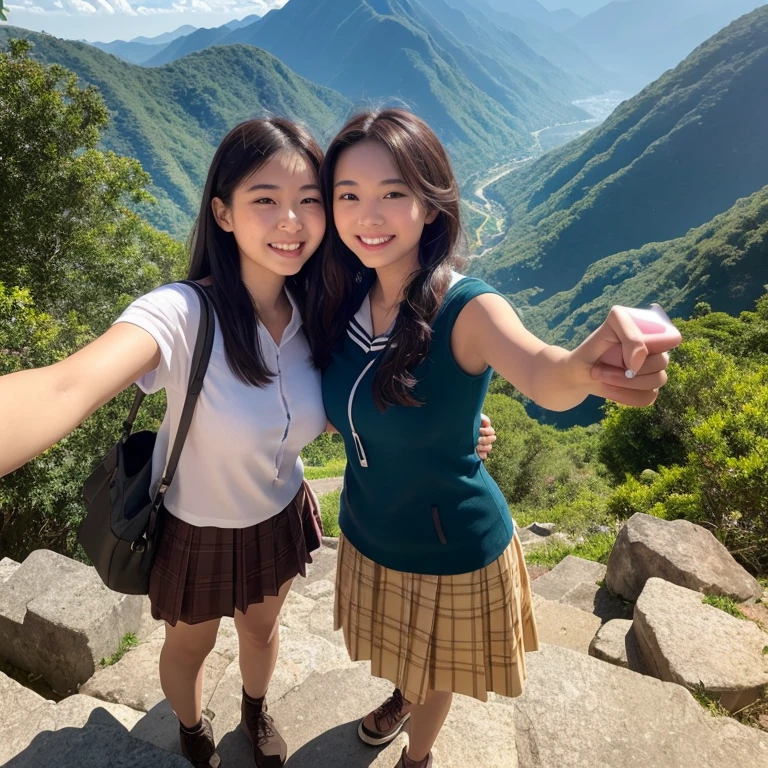 One girl, Fisheye Lens, Selfie,highest quality、High resolution、Detailed Background、(Ultra Wide Angle)、(beautiful face in every detail:1.4)、Anatomically correct、(Draw the normal number of fingers:1.2)、(Detailed facial expressions)、(Fine grain:1.2)、(Fine grain:1.2)、beautiful, Smooth Skin、Teenage Beauty、(Huge breasts:1.3)、(Highly detailed face:1.4)、Brown Hair、Black Hair、ponytail、Bobcut、Braided long hair、Wavy Hairstyle、well-groomed eyebrows、Perfect body line、Sailor suit、light blue sailor color、Pleated skirt with tartan plaid pattern、Brightly colored school cardigans、White knee-high socks、Jokingly、Machupicchu ruins mysterious atmosphere、

(beautiful girls standing side by side taking a selfie with big smiles:1.5)、

Lush Mountains々々beautiful場所に位置し、、When the sun rises, The entire ruins shine in gold..、Yunshan々The river flows through this area、Enveloping the ruins.、Ancient Inca stone architecture emerges、
The stone steps and terraces are carefully maintained., The higher you climb, the more spectacular the views of the ruins become..、
From the top of Machu Picchu you can see the deep valley, Flowing river and distant mountains.々You can see the whole picture、The ruins blend seamlessly into the natural surroundings with lush terraces and sacred Inca symbols carved into the rocks.。.、At sunset, The sun shines on the mountain.々I&#39;ll try dyeing it..、
The orange and red lights reflect off the ruins, adding to the mysterious atmosphere.、
At night, The stars shine on the ruins、The sky is filled with constellations.、
The wisdom of ancient civilizations and the mysteries of nature、Amazing beauty、Visitors々々It is a place that inspires emotion and respect..、cute