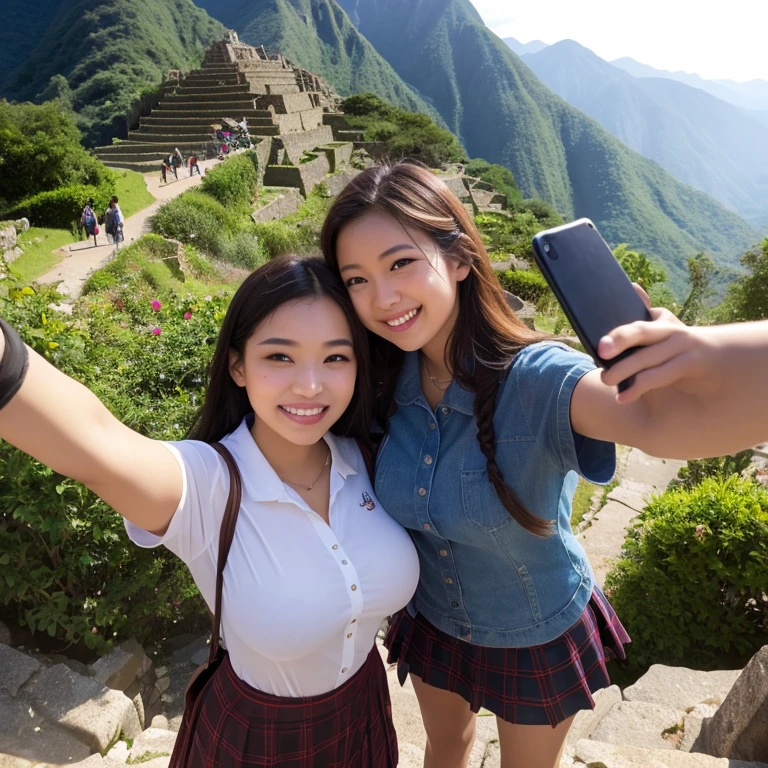One girl, Fisheye Lens, Selfie,highest quality、High resolution、Detailed Background、(Ultra Wide Angle)、(beautiful face in every detail:1.4)、Anatomically correct、(Draw the normal number of fingers:1.2)、(Detailed facial expressions)、(Fine grain:1.2)、(Fine grain:1.2)、beautiful, Smooth Skin、Teenage Beauty、(Huge breasts:1.3)、(Highly detailed face:1.4)、Brown Hair、Black Hair、ponytail、Bobcut、Braided long hair、Wavy Hairstyle、well-groomed eyebrows、Perfect body line、Sailor suit、light blue sailor color、Pleated skirt with tartan plaid pattern、Brightly colored school cardigans、White knee-high socks、Jokingly、Machupicchu ruins mysterious atmosphere、
(beautiful girls standing side by side taking a selfie with big smiles:1.5)、
Lush Mountains々々beautiful場所に位置し、、When the sun rises, The entire ruins shine in gold..、Yunshan々The river flows through this area、Enveloping the ruins.、Ancient Inca stone architecture emerges、
The stone steps and terraces are carefully maintained., The higher you climb, the more spectacular the views of the ruins become..、
From the top of Machu Picchu you can see the deep valley, Flowing river and distant mountains.々You can see the whole picture、The ruins blend seamlessly into the natural surroundings with lush terraces and sacred Inca symbols carved into the rocks.。.、At sunset, The sun shines on the mountain.々I'll try dyeing it..、
The orange and red lights reflect off the ruins, adding to the mysterious atmosphere.、
At night, The stars shine on the ruins、The sky is filled with constellations.、
The wisdom of ancient civilizations and the mysteries of nature、Amazing beauty、Visitors々々It is a place that inspires emotion and respect..、cute