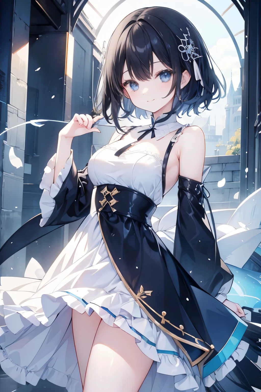 Female Pervert、Black-haired、length、Light blue dress、Upper body only, smile 