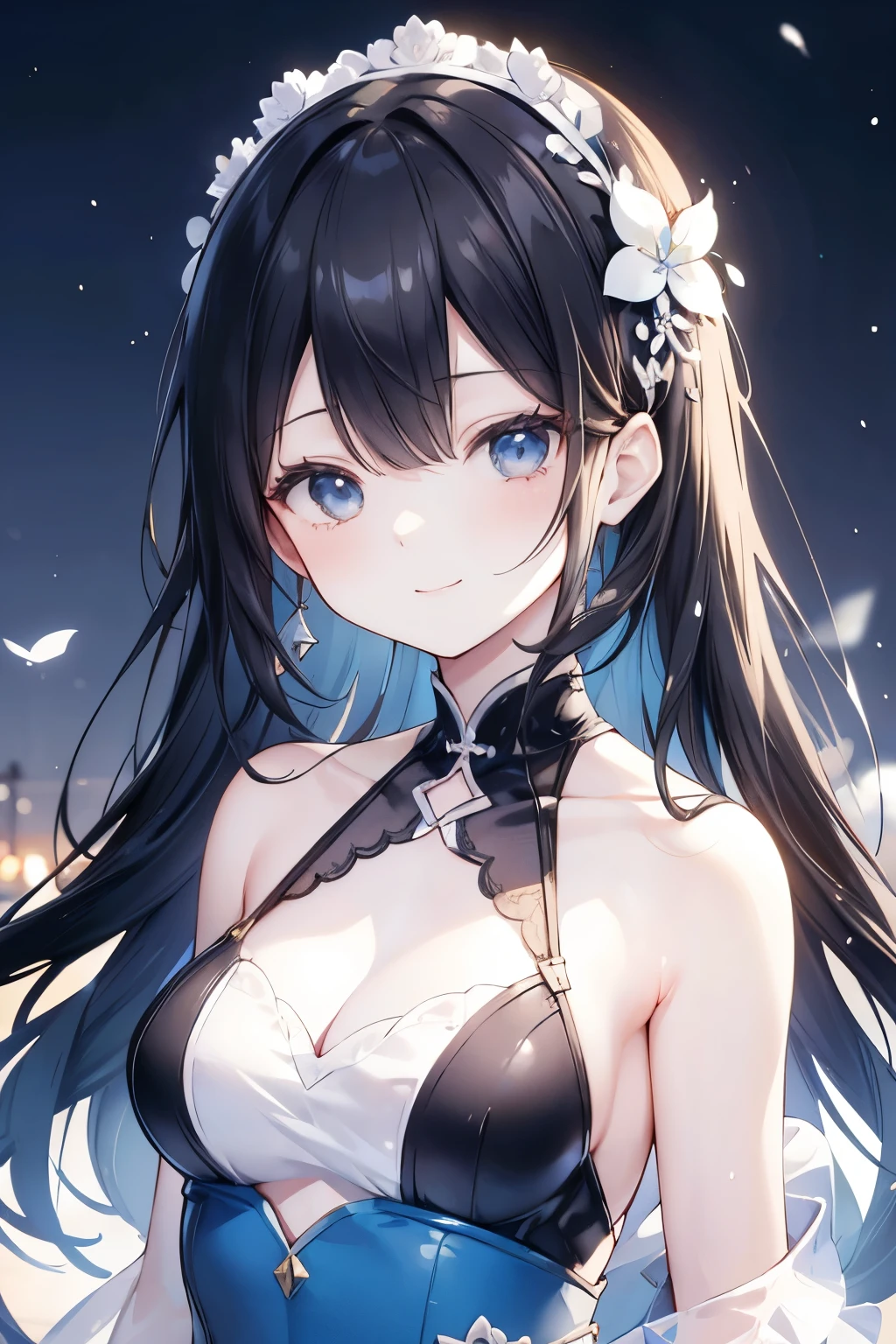 Female Pervert、Black-haired、length、Light blue dress、Upper body only, smile 