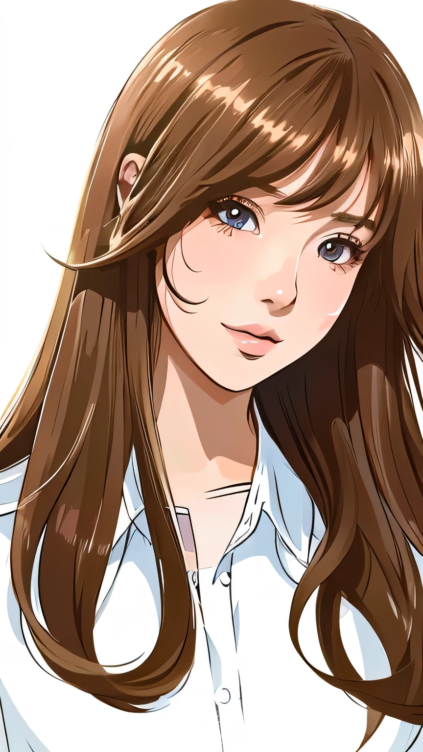 A woman with long brown hair and a white shirt - SeaArt AI