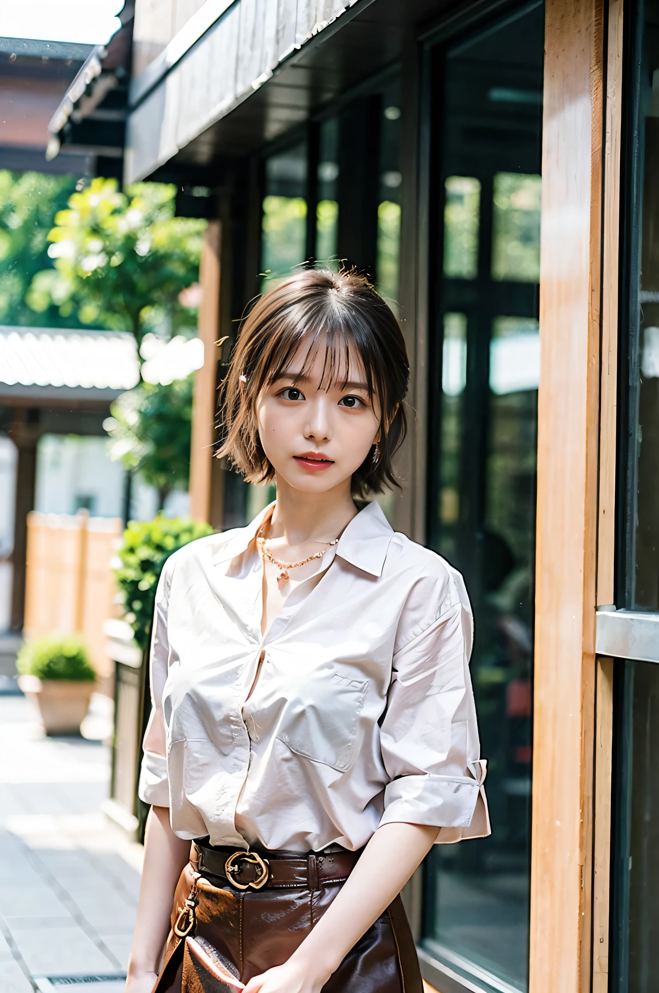 Fluffy perm hair、with rufflessleeveless、Braid only the front hair、Light brown hair、Teeth grinding、{{Cowgirl Shot}}、((Close-up shot from the waist up、Big Breasts:1.4))、Breast swelling、Big Breasts、Smile、Silk clothing、Big Breasts that can be seen even through clothes、Braid only the front hair、Cowboy Shot、Gorgeous white collared silk shirt and brown skirt、Wear it elegantly、Luxury Bags、Sex in a stylish love hotel with shining illuminations、A lovely smile、((Nagoya street corner))、Full body photo、ring、High-end clothing products、Short skirt、Tuck your hair behind one ear、Silver Necklace、smile、 Elegant ponytail、Caustics、Highly detailed photos、Very beautiful and ideal short hair、Big Breasts、Super no makeup、(8k、RAW Photos、highest quality、masterpiece:1.2)、(Realistic、Realistic)、1 girl、((Medium Short Hair、Looking into the camera:1.4))、Hair blowing in the wind
