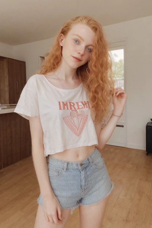 Irish), (swiss) and (Czech), 19 year old pale skin, voluminous strawberry blonde hair ,beauty, beautiful girl, thin, skinny, small breasts, beauty, beautiful girl, hard contrast, hard shadows, hard light, smirk, beautiful ,makeup, apartment, arm raised, floor, wearing oversized tshirt,shorts,