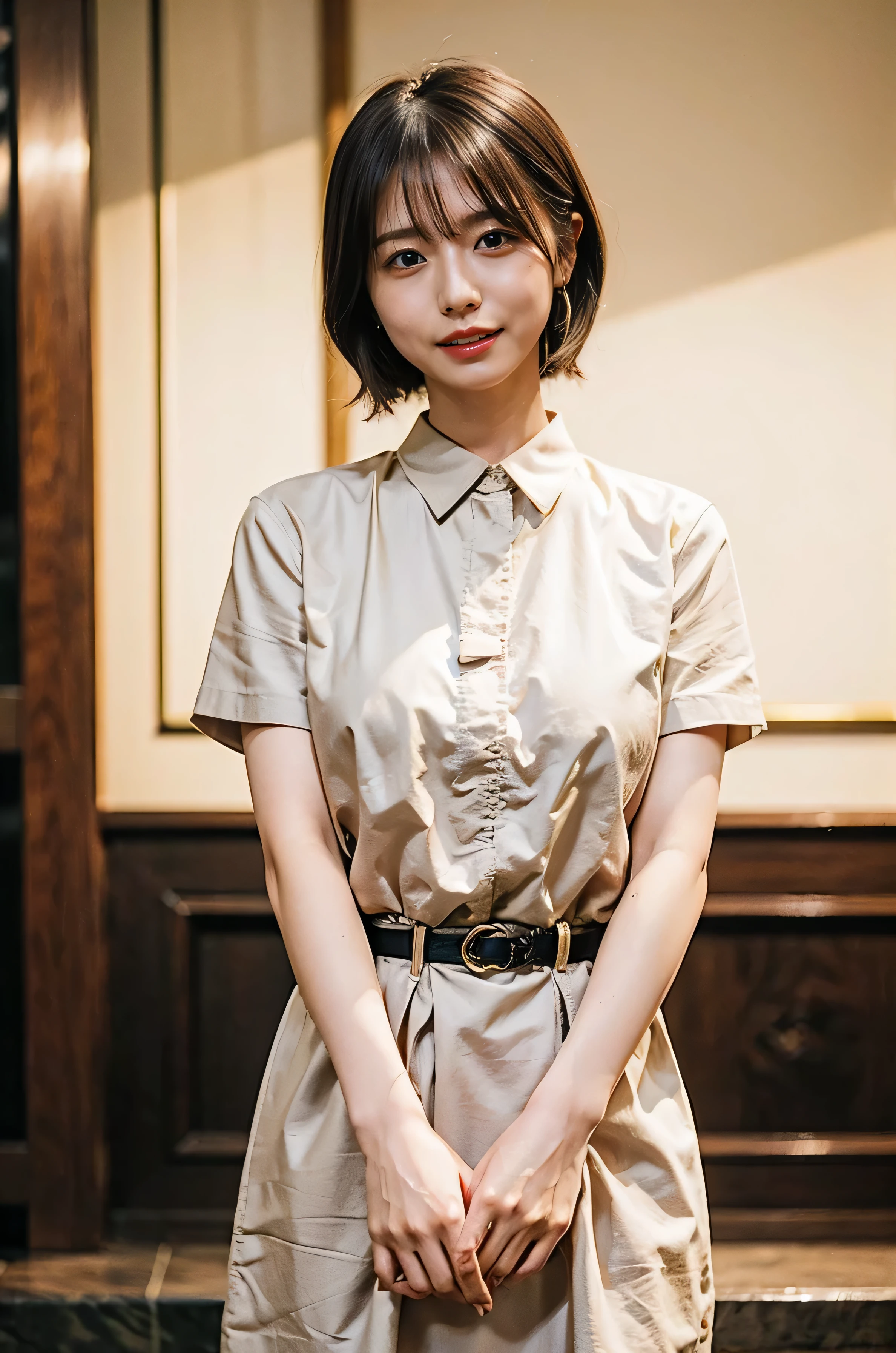 Braided hair only for the bangs、Light brown hair、teeth grinding、{{Cowgirl Shot}}、((Close-up shot from the waist up、Big Breasts:1.4))、Swollen breasts、Big Breasts、Smile、Silk clothing、Big Breasts that can be seen even through clothes、Braided hair only for the bangs、Cowboy Shot、A luxurious white collared silk shirt and brown skirt、Elegant attire、A luxurious bag、In front of a stylish cafe with illuminations、A lovely smile、((Nagoya street corner))、Full body photo、ring、Luxurious clothing、Short skirt、Tuck your hair behind one ear、Silver Necklace、smile、 elegant ponytail、Caustics、Highly detailed photos、Very beautiful eyeedium Short Hair、Large Breasts、Super no makeup、(8k、RAW Photos、highest quality、masterpiece:1.2)、(Realistic、Realistic)、1 girl、((Medium Short Hair、Looking into the camera:1.4))、Hair blowing in the wind