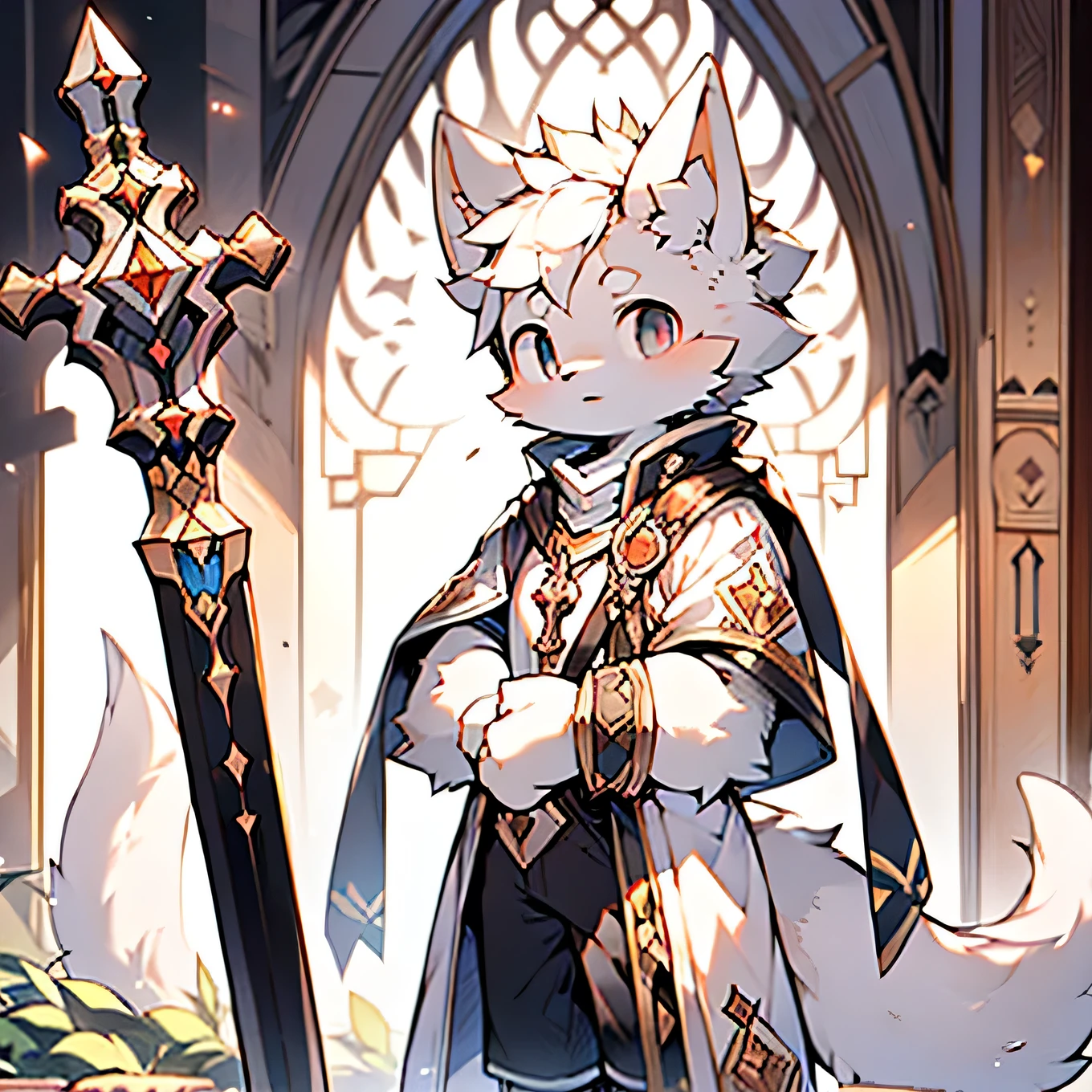 Holy Church,Cat Boy,Long and thin tail,White fur,wear white shirt,Black shorts,Black eyes,strong,Holding a white cross the size of a long sword,The light reflected on his clothes,Handsome(masterpiece)(high quality)(Clear structure)(Clear lines)(Extremely detailed background)(Extremely detailed characters)