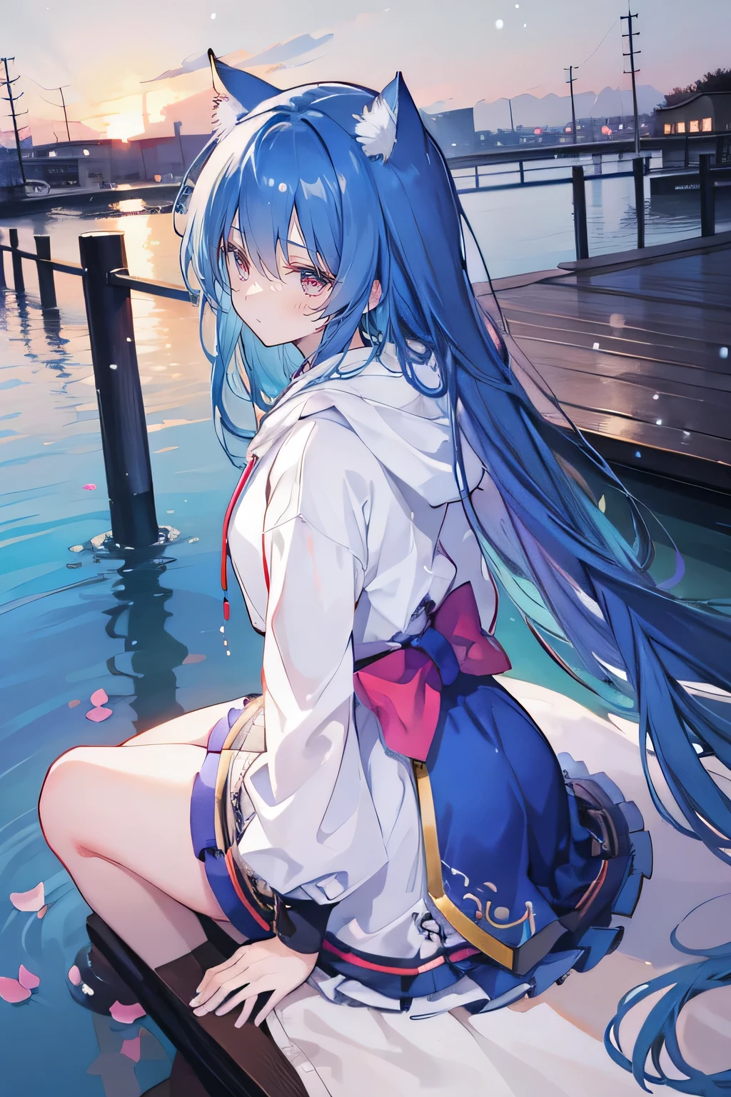 (masterpiece:1.2),Super detailed,lifelike,Expressive eyes,fair skin,perfect face shape,1 girl,
Japanese comics,Gorgeous blue hair,flowing blue hair,flowing clothes,Cat ears,Petals fall,beautiful lola,Baby Angel,
Shaking head with one hand,Cross your legs,Gentle and peaceful background,The pavilion is cool and comfortable,smile, wearing hoodie, background of tokyo,back views,snowing, winter,lie on the water.
