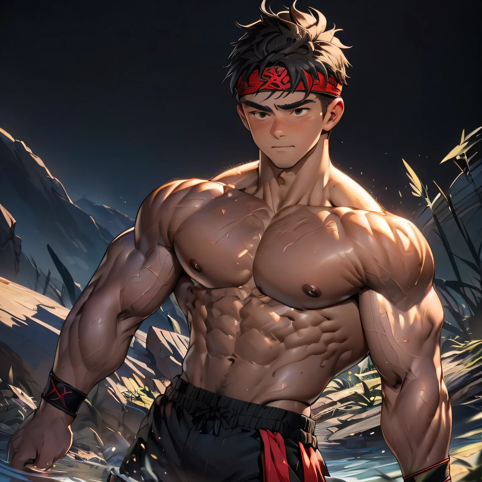 (Masterpiece, Best quality 19 year old boy, black background, bust shot, shoot from front, looking away), solo, Young, boy, muscler, Shirtless, topless, (Dark Short straight hair, under cut, brown eyes), (torn clothes, red headband, ((black wristband))), Vivid colors, (hot Abs:1.2, abs!, big abs, big breast:1.2, chest!, upperarms), (topless male), muscler!, muscler, muscler body, (aura power:1.5), detailed face, detailed muscle, (((A magical mystical aura, rippling muscles, Martial arts action, looks confident)))