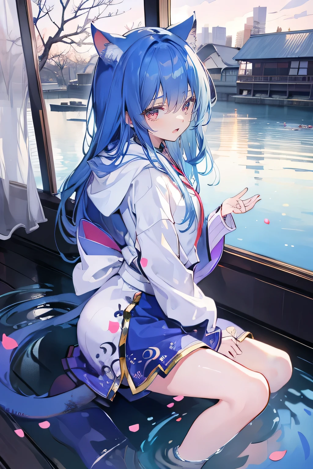 （masterpiece：1.2），Super detailed，lifelike，Expressive eyes，fair skin，perfect face shape，1 girl，
Japanese comics,Gorgeous blue hair,flowing blue hair,flowing clothes,Cat ears,Petals fall,beautiful lola,Baby Angel,
Shaking head with one hand，Cross your legs，Gentle and peaceful background，The pavilion is cool and comfortable,smile, wearing hoodie, background of tokyo,back views,snowing, winter,lie on the water. 