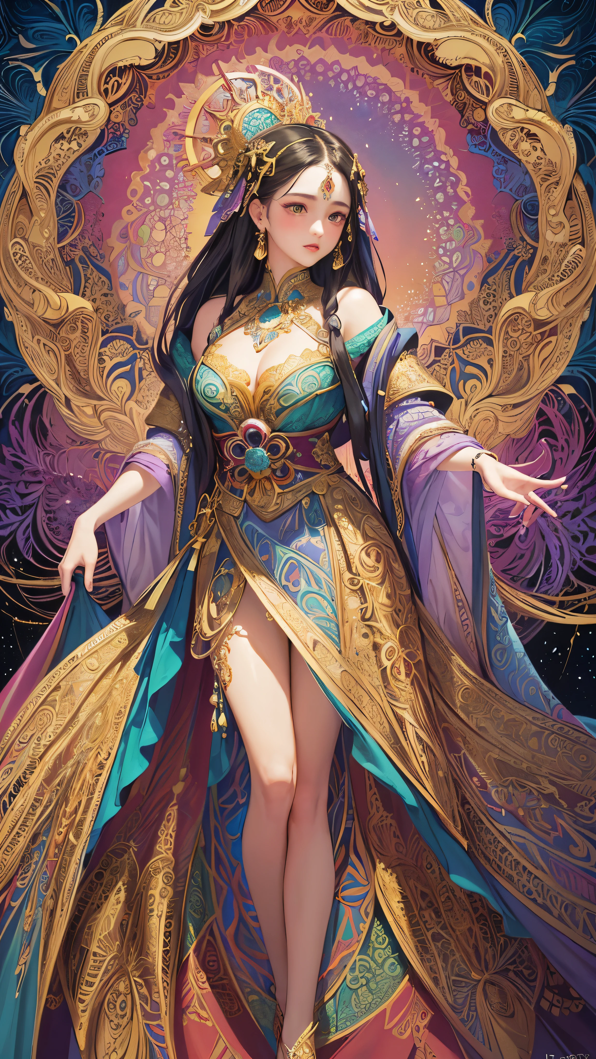(masterpiece, top quality, best quality, official art, exquisitely beautiful and aesthetically pleasing: 1.2), (1 girl: 1.3), Painstakingly detailed (fractal art: 1.2), Vibrant and highly detailed ( many colors: 1.4), adorning a traditional dress (1.2), featuring shiny skin, (zentangle: 1.2) intricate patterns, showcasing a dynamic pose, set against an abstract background (1.5).