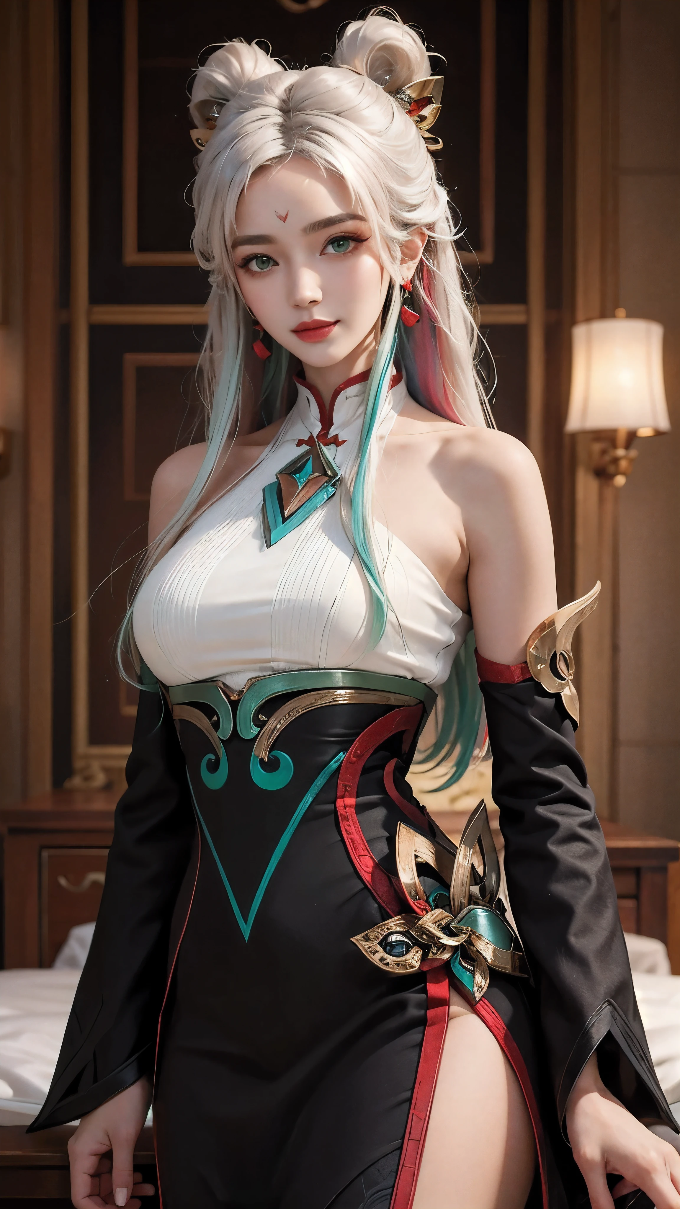 (masterpiece, best quality:1.2), intricate details, mythmaker irelia, 1girl, hair ornament, hair rings, bare shoulders, dress, detached sleeves, forehead mark, multicolored hair, white hair, earrings, green eyes, textured skin, looking at viewer, solo, light smile, (mature female:1.2)