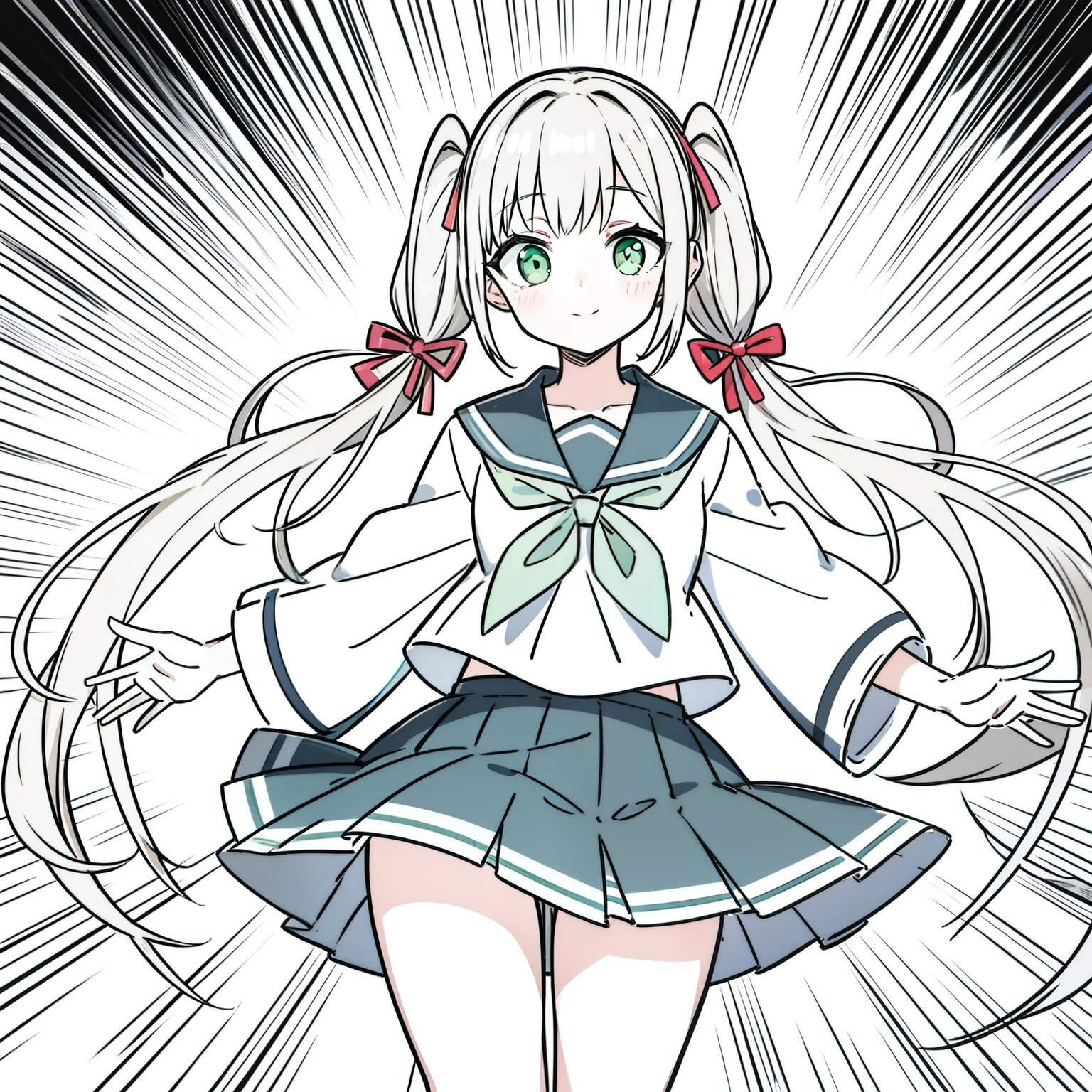 Masterpiece, Perfect lighting, (Beautiful, Best quality:1.3), Perfect eyes, absurderes, 8K, 1girll, Solo,Yuhko Tamori from School girl simulator, Thick Gray twintails,[Light skin],Green Eyed,her eyes glow in the dark, Green Japan traddional clothes