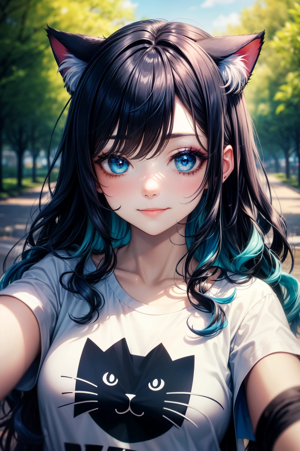 selfie, hair behind ear, makeup, dark blue hair, blue hair, black hair, blue and black gradient hair, messy hair, wavy hair, cat ears, long hair, blue eyes, park, trees, smile, breasts, tshirt