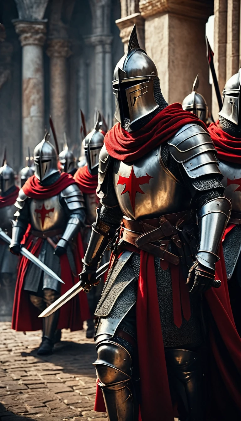 a group of knights donned in full armor and adorned with striking red capes finds themselves in the midst of a dramatic battle. Armed with powerful maschinengewehr weapons, these valiant templars face off against a horde of possessed politicians, locked in a fierce struggle for supremacy and control,
digital UHD (k) image, cinematic film still dramatic side lighting, dramatic intense stare closeup portrait,  hdr,  shallow depth of field, vignette, highly detailed, high budget Hollywood film, cinemascope, moody, epic, gorgeous
, Highly detailed and clean, Photorealistic and cinematic masterpiece, professional photography, realistic, realism, 200k , Raytracing and light effect , gold magic, gold efect, lighting gold, digital, perfect composition, beautiful detailed intricate insanely detailed octane render trending on artstation, 8 k artistic photography, photorealistic concept art, soft natural volumetric cinematic perfect light, award - winning photograph, masterpiece, raphael, caravaggio, greg rutkowski, beeple, beksinski, giger