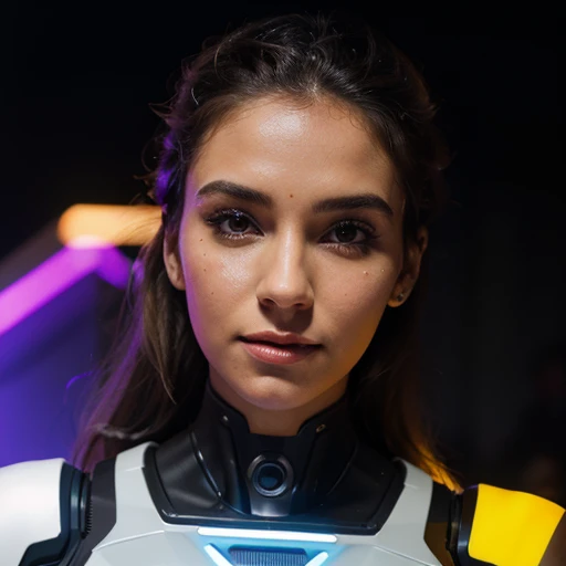uma mulher, robotic lines on the side of the face, fundo loja com neon