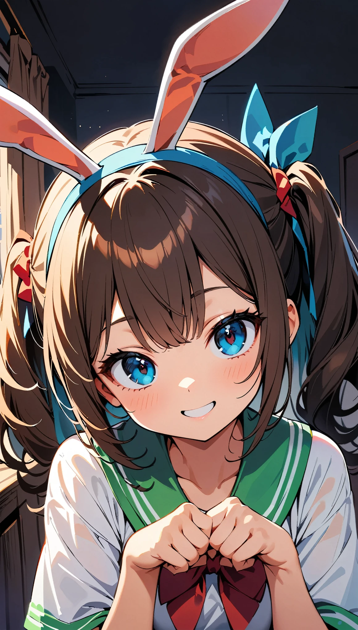 (highest quality:1.2, Very detailed, Latest, Vibrant, Ultra-high resolution, High Contrast, masterpiece:1.2, highest quality, Best aesthetics), 1 female, Beautiful girl smiling, Beautiful eyes, Detailed face, Long eyelashes, double eyelid, Random Pause, (Cute pose, Anatomically correct), Brown Hair, Girl with rabbit ears headband:1.2, Rabbit long ears, Bedroom Background.
