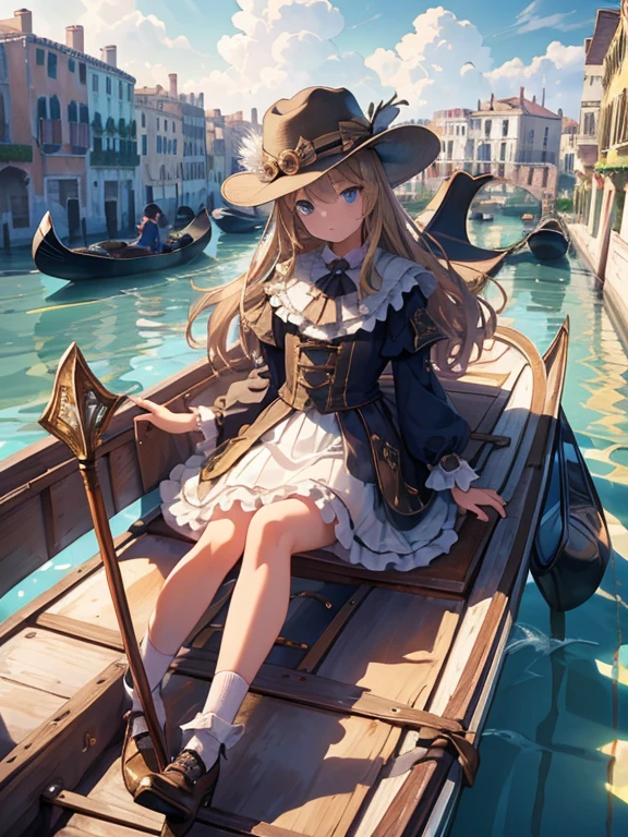 masterpiece, highest quality, Very detailed, 16k, Ultra-high resolution, 8-year-old girl, Detailed face, Perfect Fingers, blue eyes, Blonde, Long Hair, Wide-brimmed feathered hat, Gorgeous white blouse, Luxurious brooches, flare skirt, White High Knee Socks, Enamel shoes, SZ_4po enviroment, Venice cityscape, Waterway, (Girl sits in a gondola:1.3)