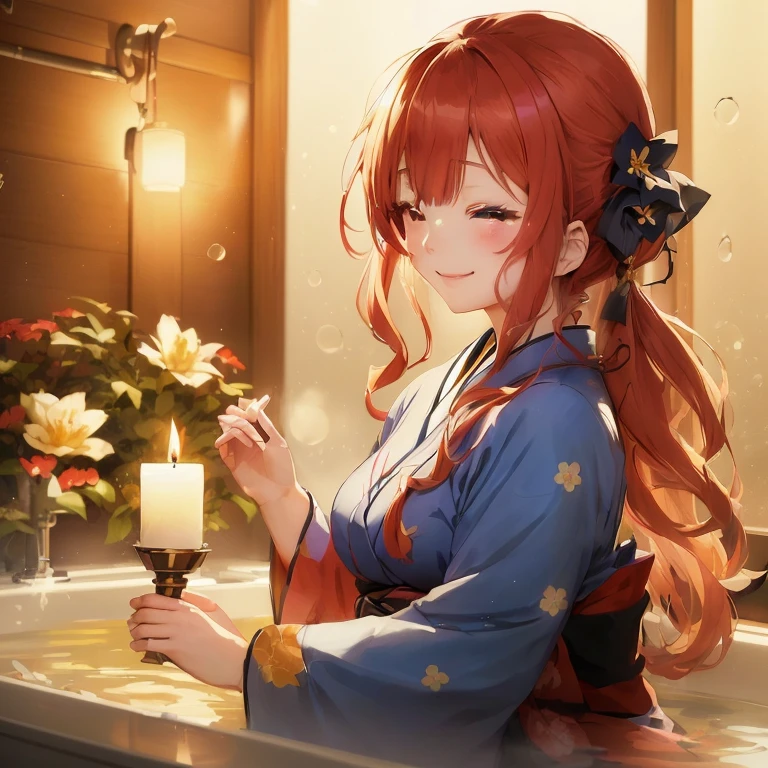 anime girl in a bathtub with a candle and flowers, ayaka genshin impact, rin, in a kimono, serene smile, ayaka game genshin impact, beautiful anime girl, beautiful anime portrait, marin kitagawa fanart, cunning smile, anime style 4 k, anime art wallpaper 4 k, anime art wallpaper 4k, inspired by Nishikawa Sukenobu