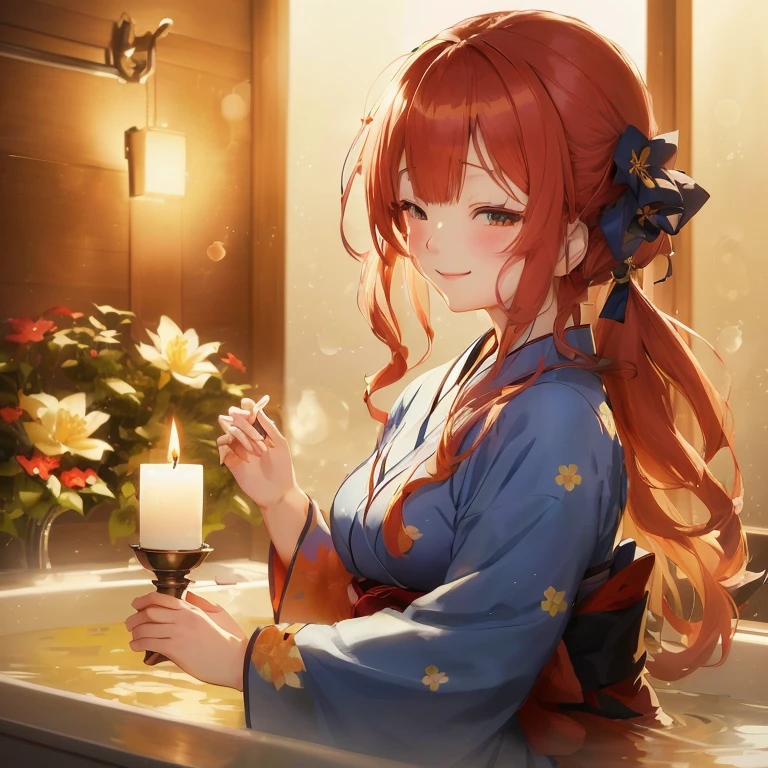 anime girl in a bathtub with a candle and flowers, ayaka genshin impact, rin, in a kimono, serene smile, ayaka game genshin impact, beautiful anime girl, beautiful anime portrait, marin kitagawa fanart, cunning smile, anime style 4 k, anime art wallpaper 4 k, anime art wallpaper 4k, inspired by Nishikawa Sukenobu