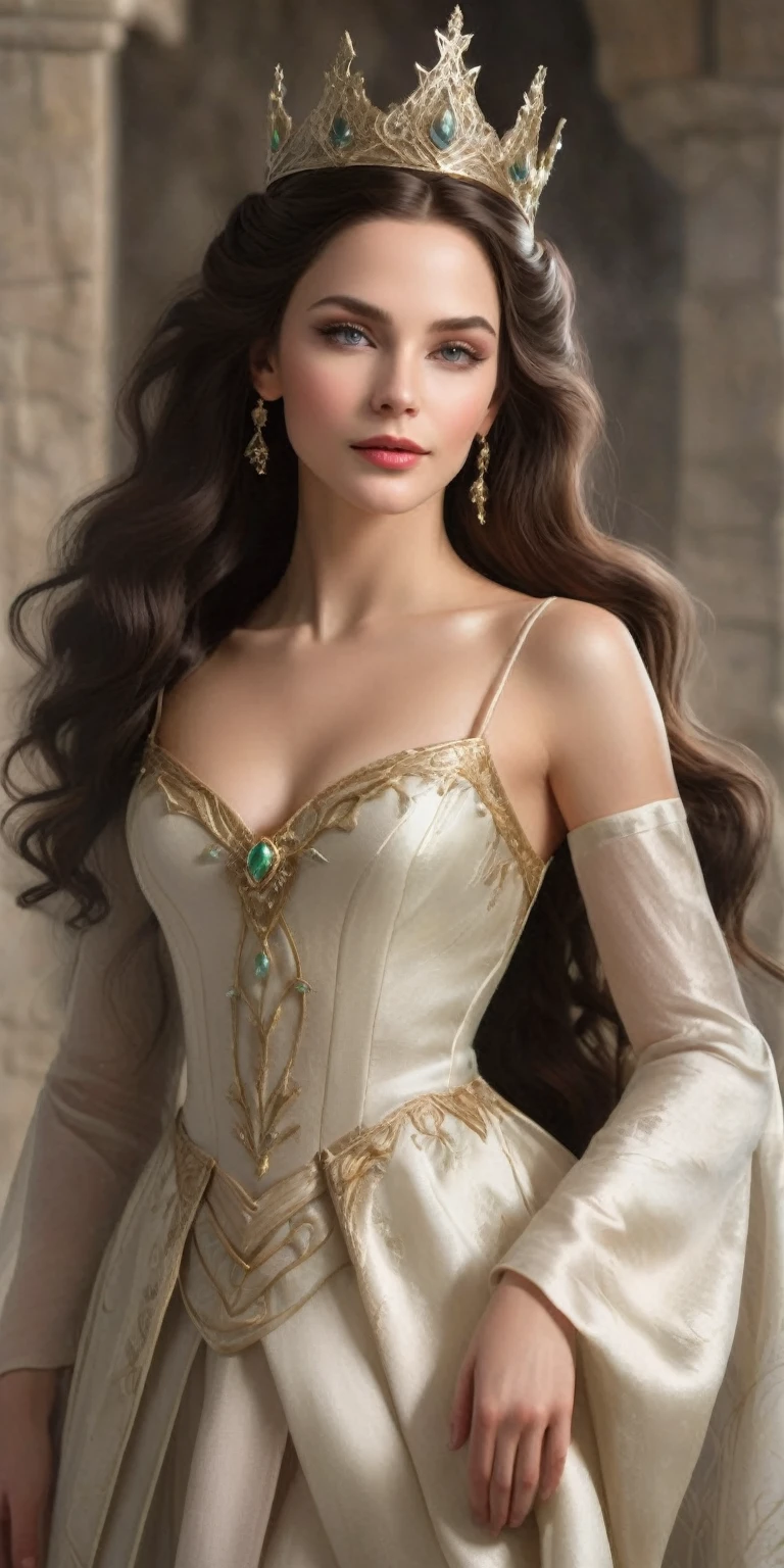 woman in white dress and crown posing for a photograph, beautiful elven princess, elven princess, masterpiece! Portrait of Arwen, beautiful and elegant elf queen, very beautiful elven top model, medieval princess, beautiful fantasy girl, princess portrait, beautiful princess woman, beautiful girl, render by Mirabel Madrigal, beautiful languid princess