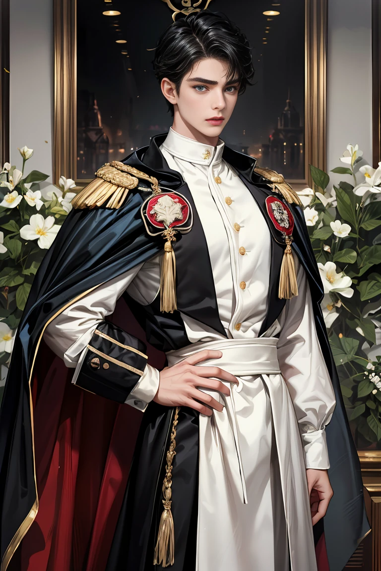 
masterpiece, 最high quality, high quality, 1 boy, alone, Male focus, Watching the audience,  Messy black hair, Adorable big blue eyes, White, Noble, Noble, Sexy Bomber Cape、A very voluminous, large, very large, very large, long, long red and black cape with a high stand-up collar, made of a lot of fabric that reaches down to the floor., 17 years old,Cute beautiful boys,Cute, cute, kind, handsome guy