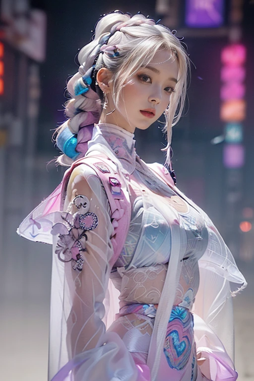 highest quality, Very detailed, masterpiece, Two women posing,(((Perfect female body))),Very beautiful face, Very beautiful body,Gentle expression, Very beautiful eyes,(Perfect Makeup:1.1),Fashion Model,Cyberpunk Fashion,Cinematic Light,Curly Hair,Shaggy Hair, (Drifting in the Wind,White purple gradient long braided chignon hair:1.5),very thin body,Smart Abs,(Monogram pattern:1.3), (((Various patterns,Pink and blue gradient,See-through Bolero,Colorful racing suits:1.3))),anklet,Tech High Top Sneakers,A kind smile,Full body portrait,(Night in Cyber City), (Shiny skin),(Earrings),Long scarf with elegant pattern,Neon long shawl,Digital Feather,LED Signs,