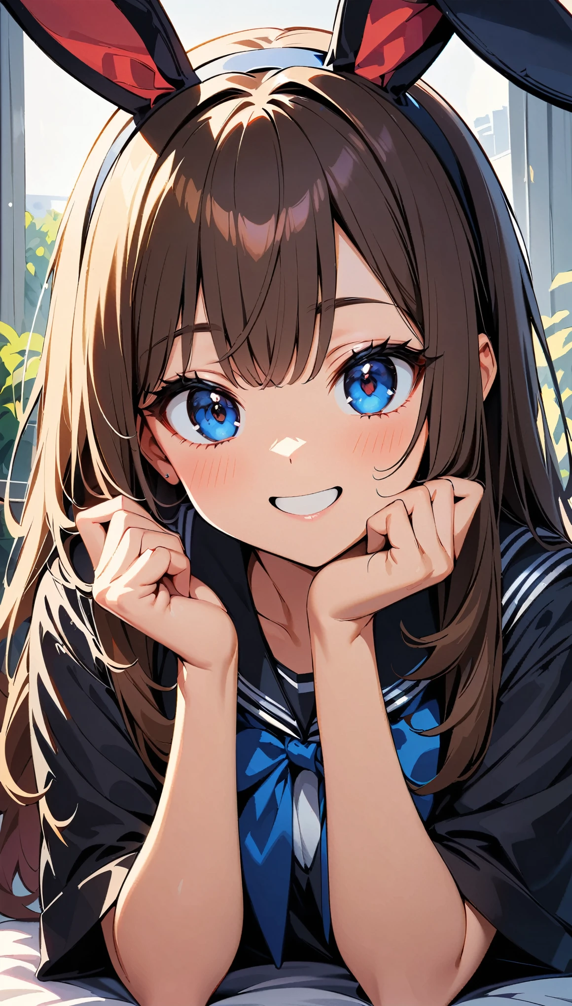 (highest quality:1.2, Very detailed, Latest, Vibrant, Ultra-high resolution, High Contrast, masterpiece:1.2, highest quality, Best aesthetics), 1 female, Beautiful girl smiling, Beautiful eyes, Detailed face, Long eyelashes, double eyelid, Random Pause, (Cute pose, Anatomically correct), Brown Hair, Girl with rabbit ears headband:1.2, Rabbit long ears, Bedroom Background.
