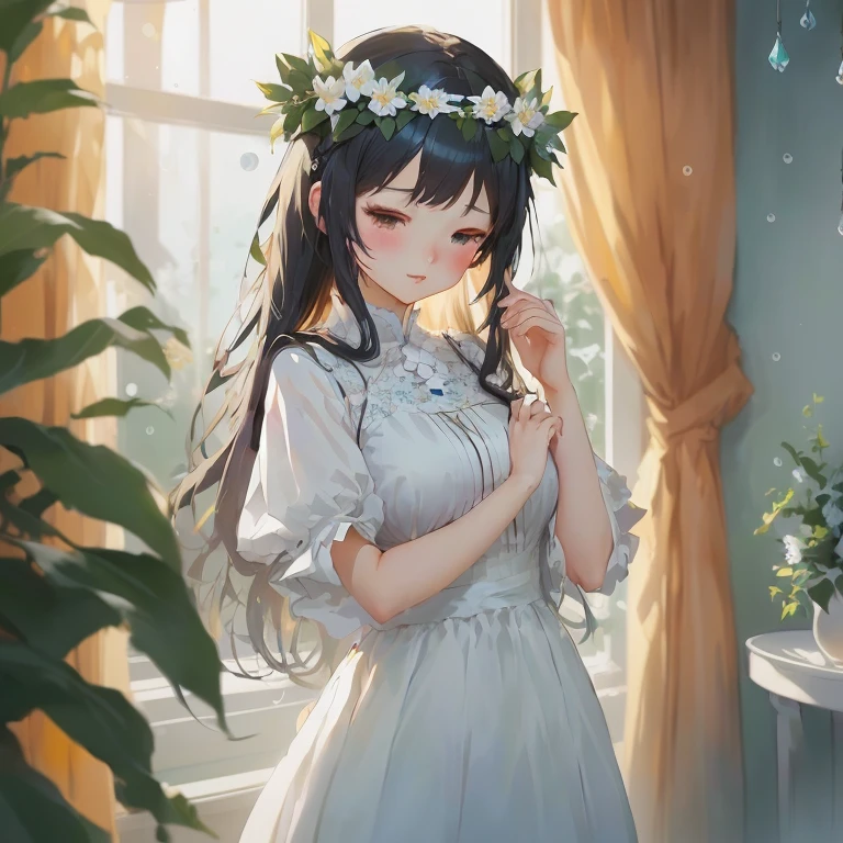 anime girl in a white dress with a flower crown on her head, in dress, artwork in the style of guweiz, beautiful anime portrait, guweiz on pixiv artstation, cute anime waifu in a nice dress, guweiz, anime moe artstyle, kawaii realistic portrait, soft anime illustration, cute anime girl, beautiful anime girl