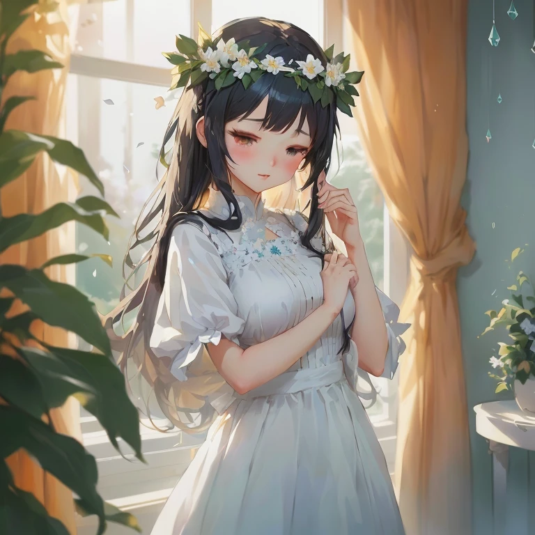 anime girl in a white dress with a flower crown on her head, in dress, artwork in the style of guweiz, beautiful anime portrait, guweiz on pixiv artstation, cute anime waifu in a nice dress, guweiz, anime moe artstyle, kawaii realistic portrait, soft anime illustration, cute anime girl, beautiful anime girl