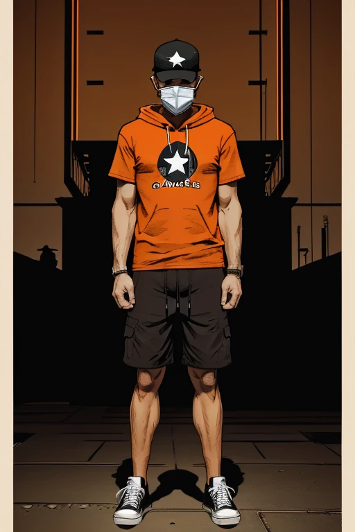 Man With a cap that obscures his face and Long long shorts with sachets on the sides and converse sneakers Heroic Presence Serious and strong pose Regular orange T-shirt. Hooded 